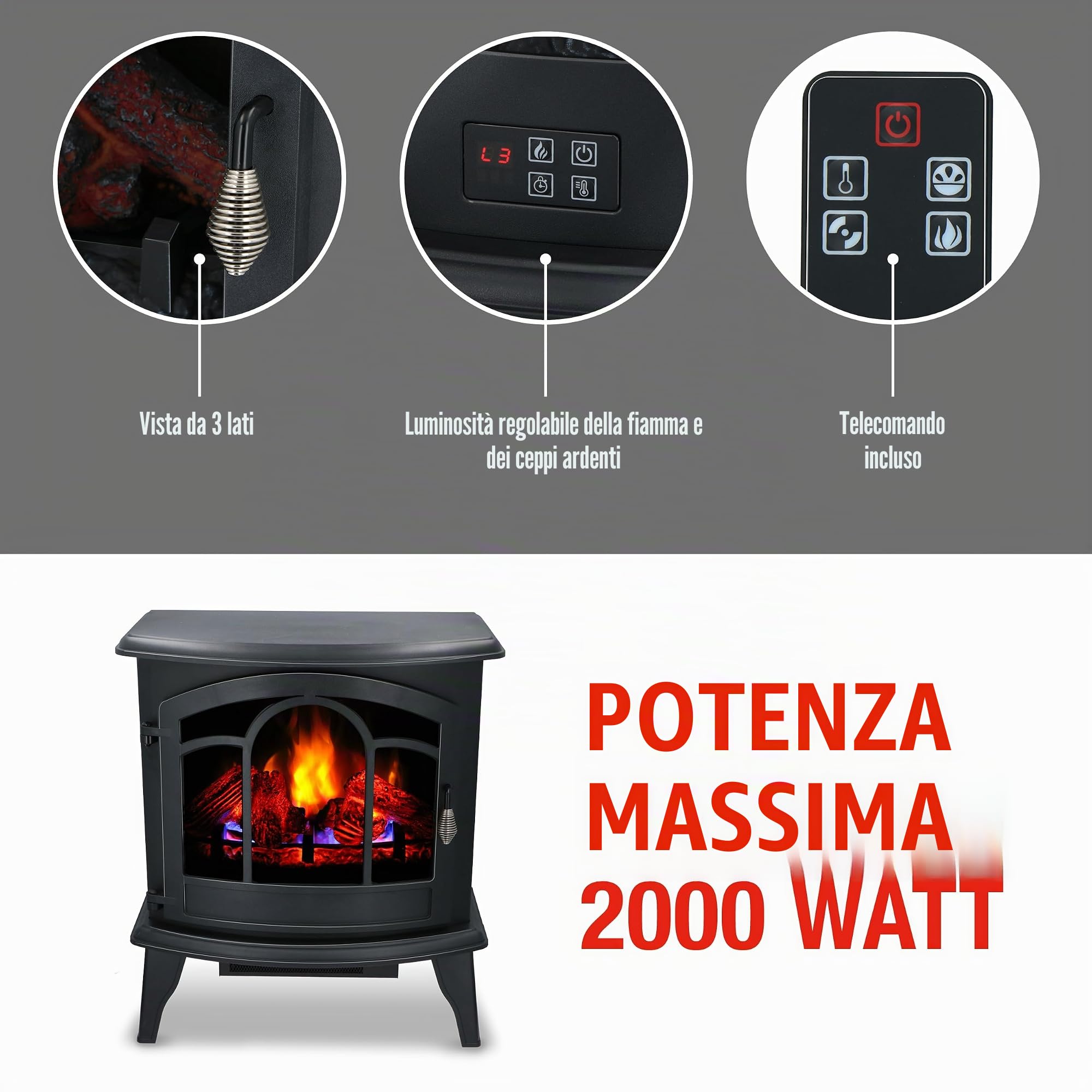 alpina Vicenza Camineo Elettrico - Caminetto Elettrico con Riscaldamento, Telecomando e Timer - Stufa Elettrica con Fiamme LED - 2000W - Libera Installazione - Nero
