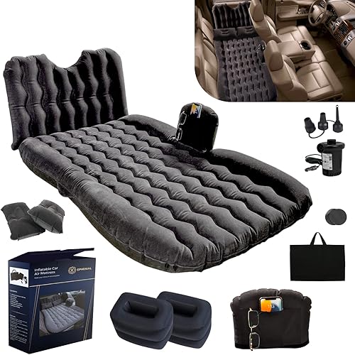 Car Mattress - with Mobile Phone Pocket, Headboard, Pillows and Air Pump (Portable) - Car Air Mattress - Backseat Air Mattress for Car - Inflatable Bed for Car, SUV, Truck (Black)