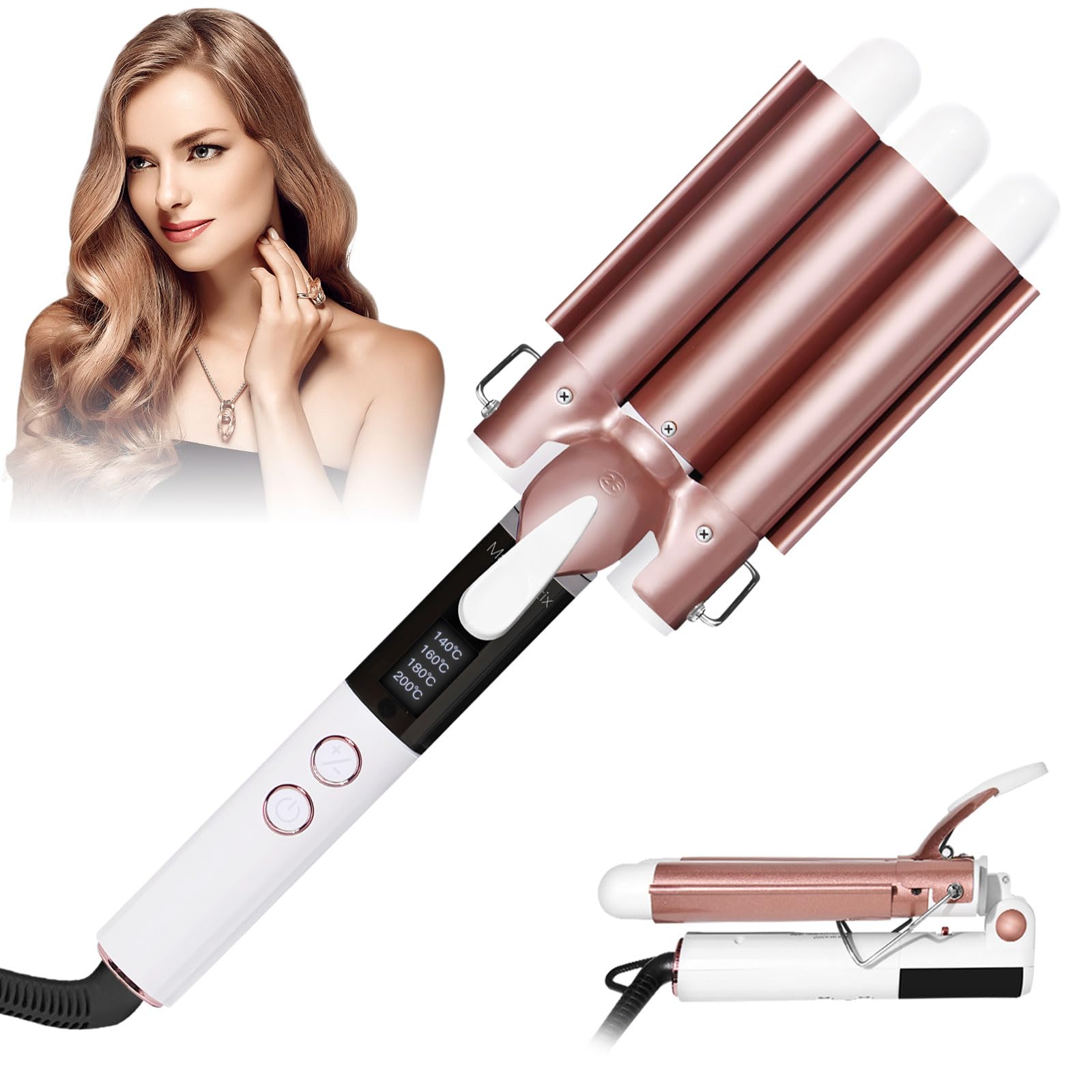 Unipampa Rizador de Pelo 3 Barriles, 25 mm Plancha Ondas Plegable, Rizador Pelo de Calentamiento Rápido, Plancha para Ondular Cerámica con Pantalla LCD de Temperatura, 4 Temperaturas Ajustables