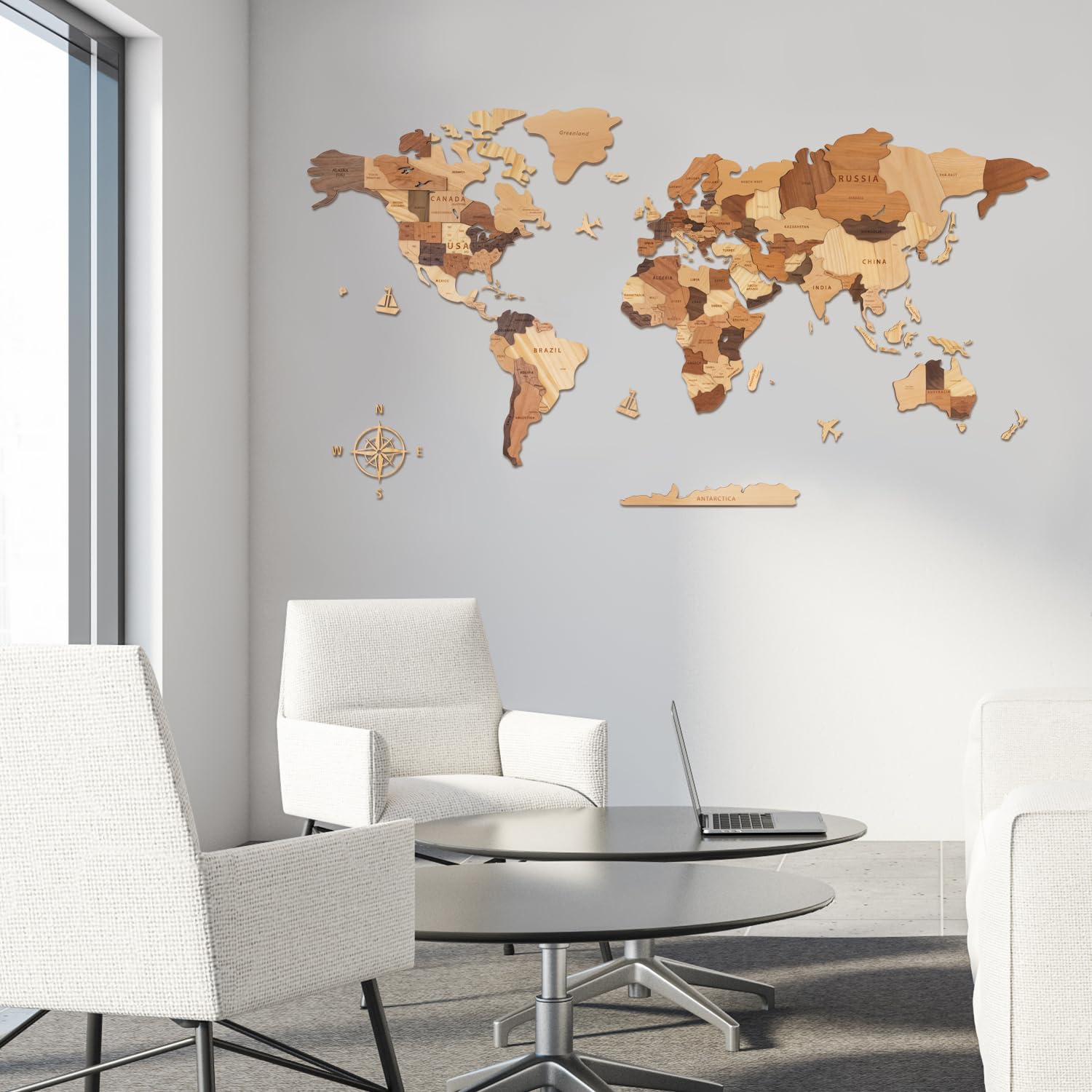 Creawoo Mapa del Mundo 3D de Madera para Decoración de Pared, Grande Mapamundi Maciza Natural Multicapa Arte de Pared para Oficina Sala de Estar Dormitorio, Mapamundi de Viaje de Madera-200x114cm