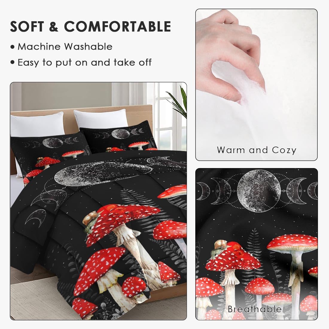 WeCozy Full Size Comforter Set with 2 Pillowcases, Mushroom Wildflower Dandelion 3 Pcs Bedding for Kids and Adults, Flower Summer Moon Phases Soft Comforter Set for Bedroom Bed Decor