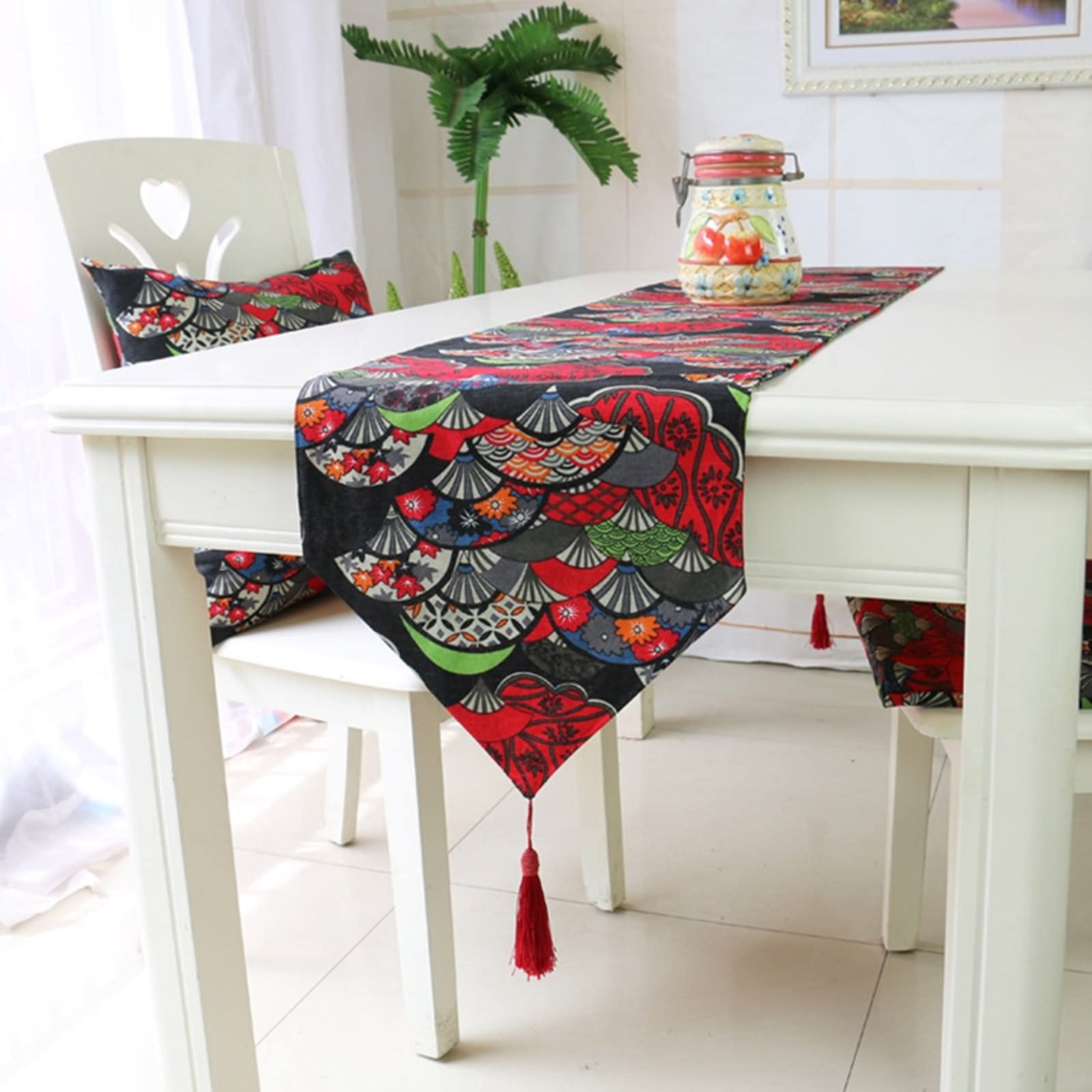 Mantel Camino de Mesa, Centro de Mesa Decorativo Salon Abanico de Flores de Estilo Étnico con Borlas Rojo Sabana de Algodon 32x200CM