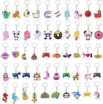FEPITO 50 Pack Cartoon Keychains for Party Favors Supplies, Party Bag Fillers, Carnival Rewards, Jungle Safari Party Favors