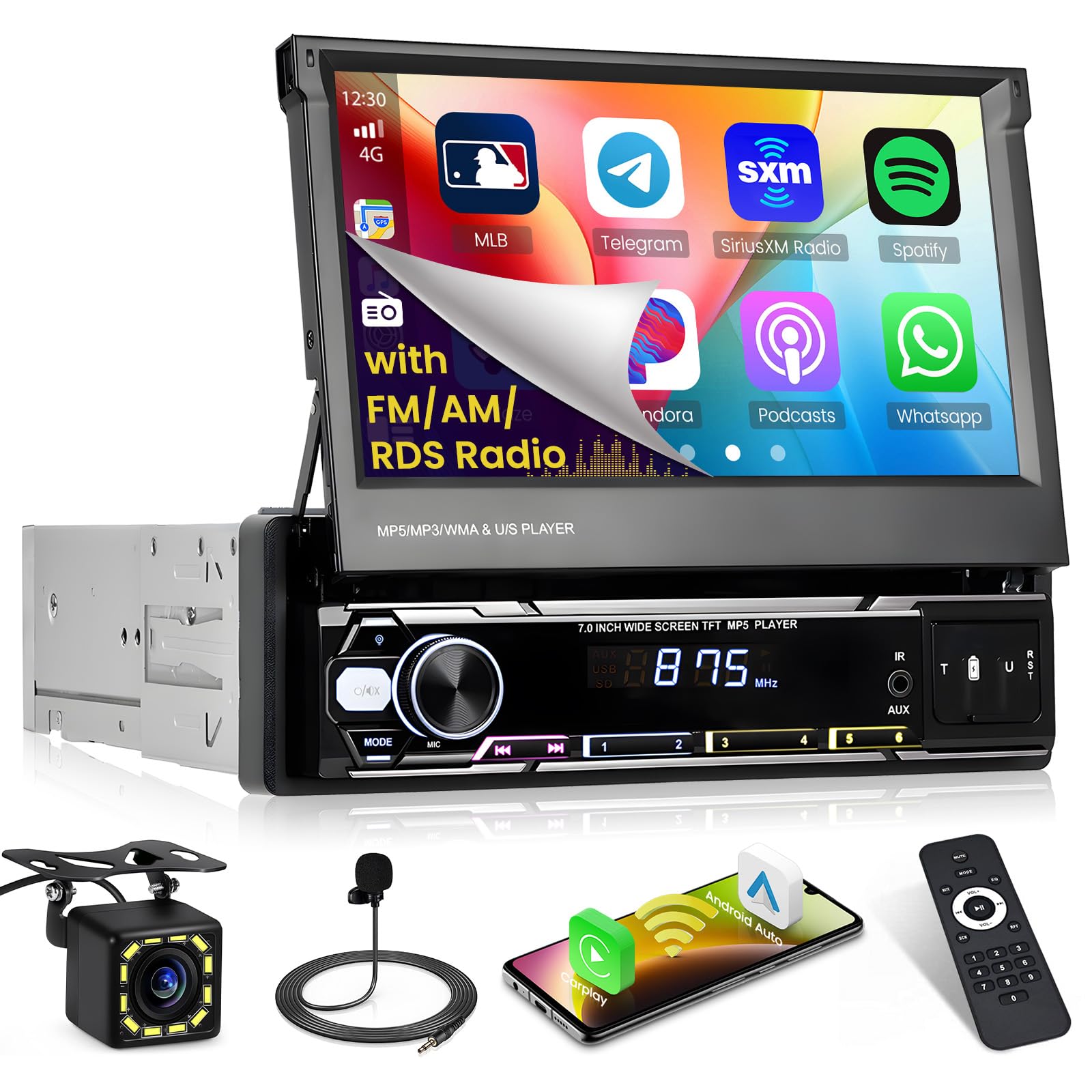 Hodozzy Autoradio 1 DIN Carplay met scherm, 17,7 cm (6,9 inch), touchscreen, Carplay, draadloos, Android, autoradio, 1 DIN, Bluetooth, stereo, mirror link, USB, GPS, FM, AUX, EQ, achteruitrijcamera