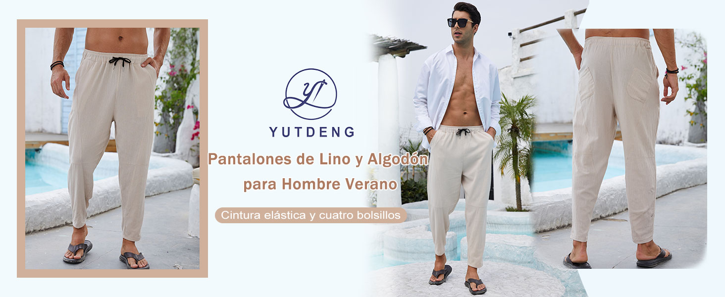 AUDATE Pantalones De Lino Para Hombre, Pantalones Largos Y Anchos Con Cremallera, Pantalones De Playa Con Cordón Y Bolsillos, Blanco