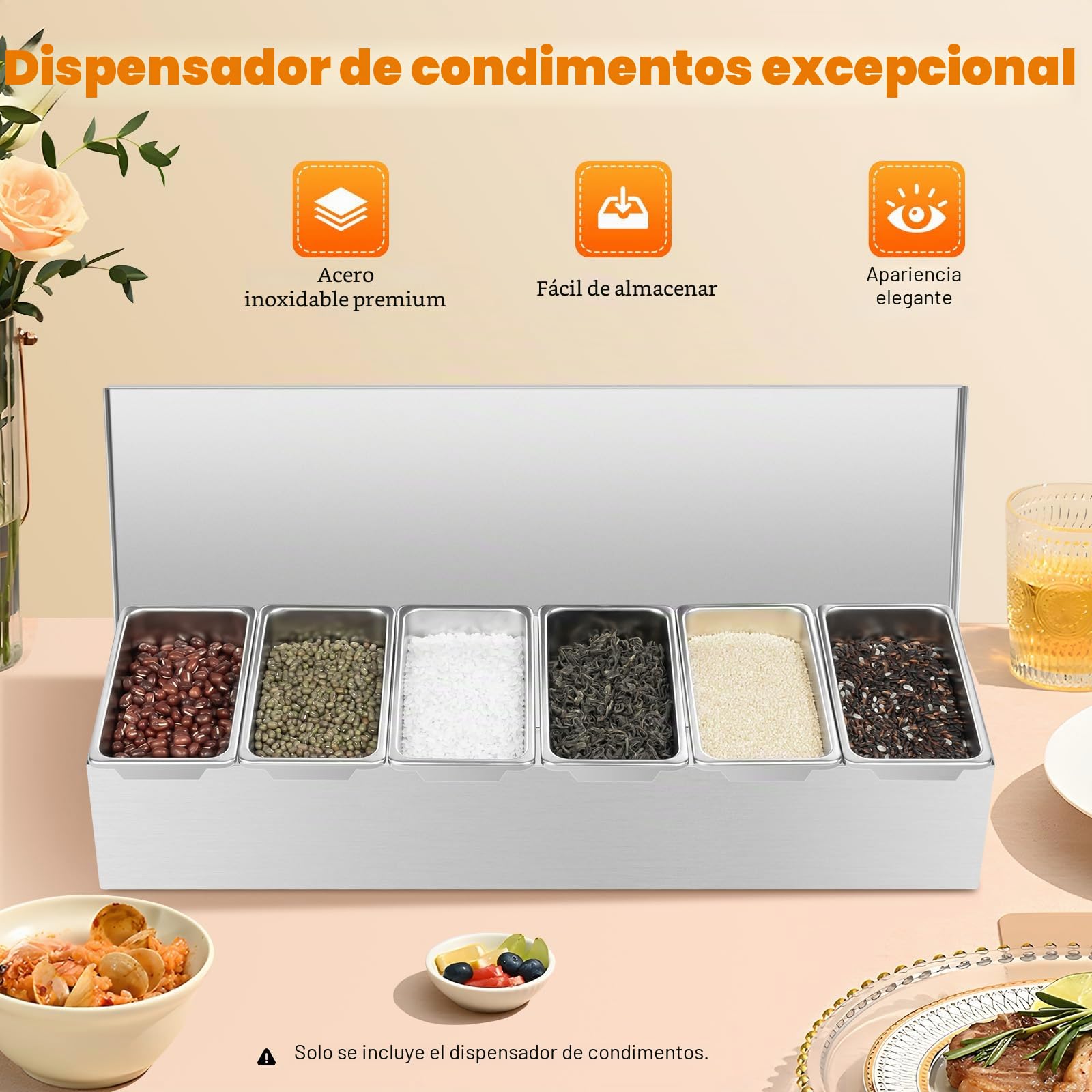 Contenedor para ingredientes de acero inoxidable, 6 compartimentos, con tapa, hermético, apilable, apto para lavavajillas, para gastro y cocina, buffet, ensalada, 46 x 15 x 9 cm