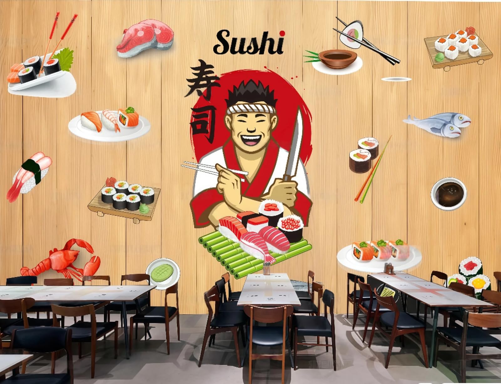 rskjdghshd Wallpaper Retro Nostalgic Wooden Board Hand-Painted Sushi Shop Afternoon Tea Seafood Catering Background Wall Western Restaurant Wallpaper Cafe Mural,3D,150x105cm