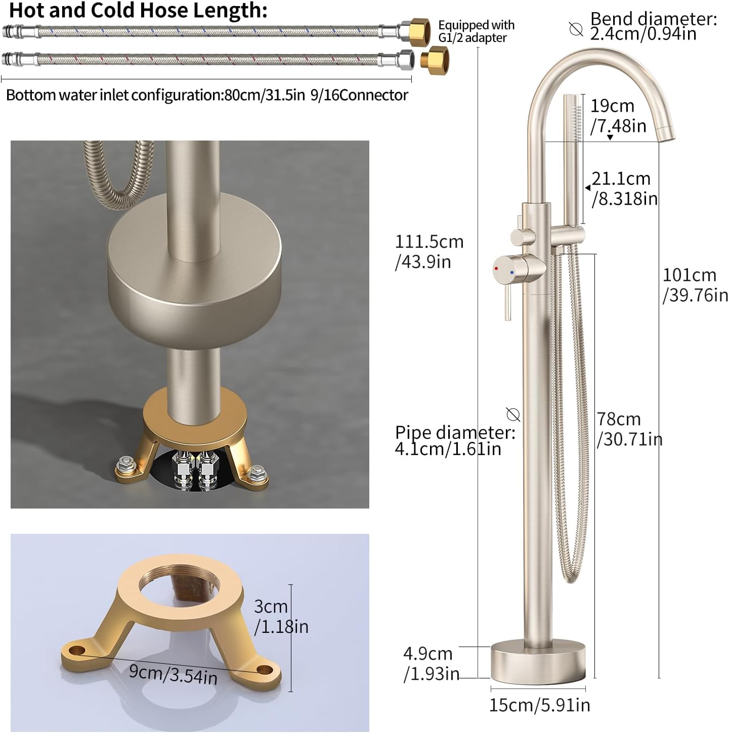 Freestanding Bathtub Faucet Waterfall Tub Filler Brushed Nickel Floor Mount Brass Single Handle Bathroom Faucets with Hand Shower (Electroplating color, The bottom of the water)