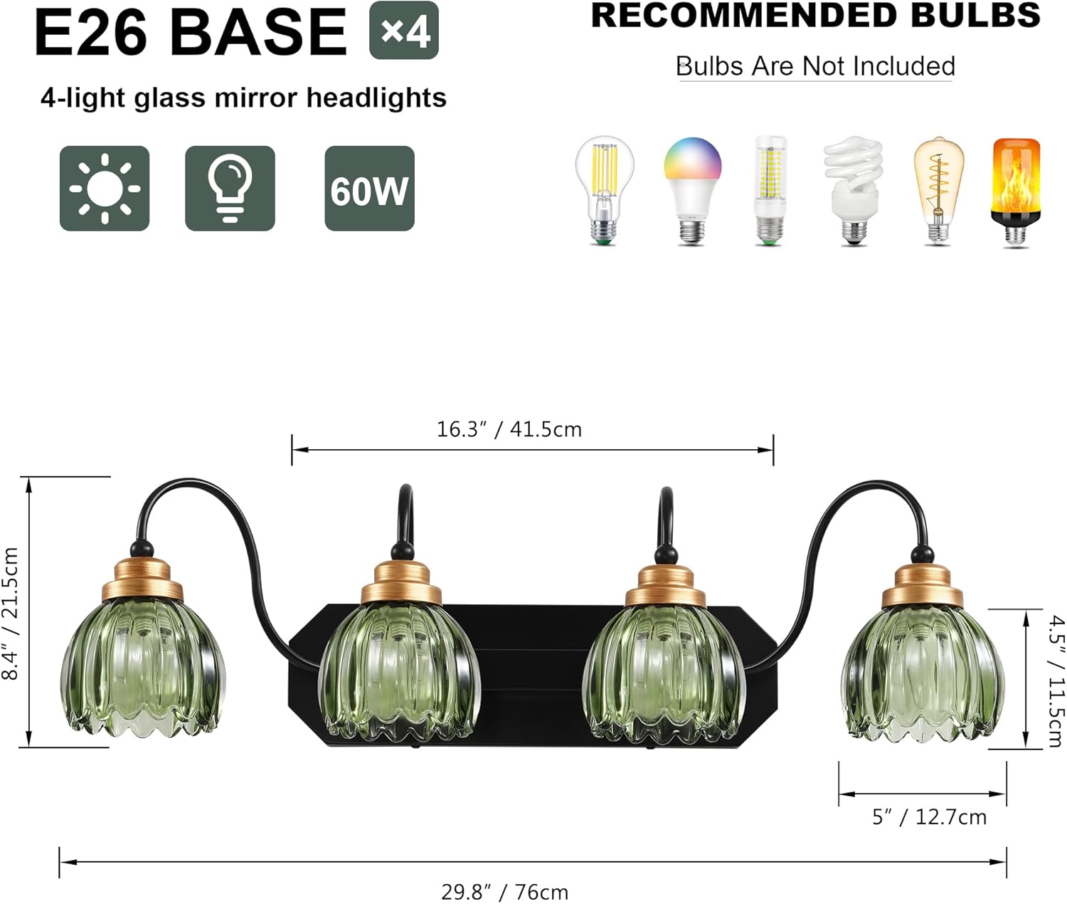 Vintage Bathroom Vanity Light, 4 Light Bathroom Lighting Fixtures Over Mirror, Mid Century Style Farmhouse Light Fixtures with Green Glass Shades, Black Finish Wall Mount for Bedroom , Living Room