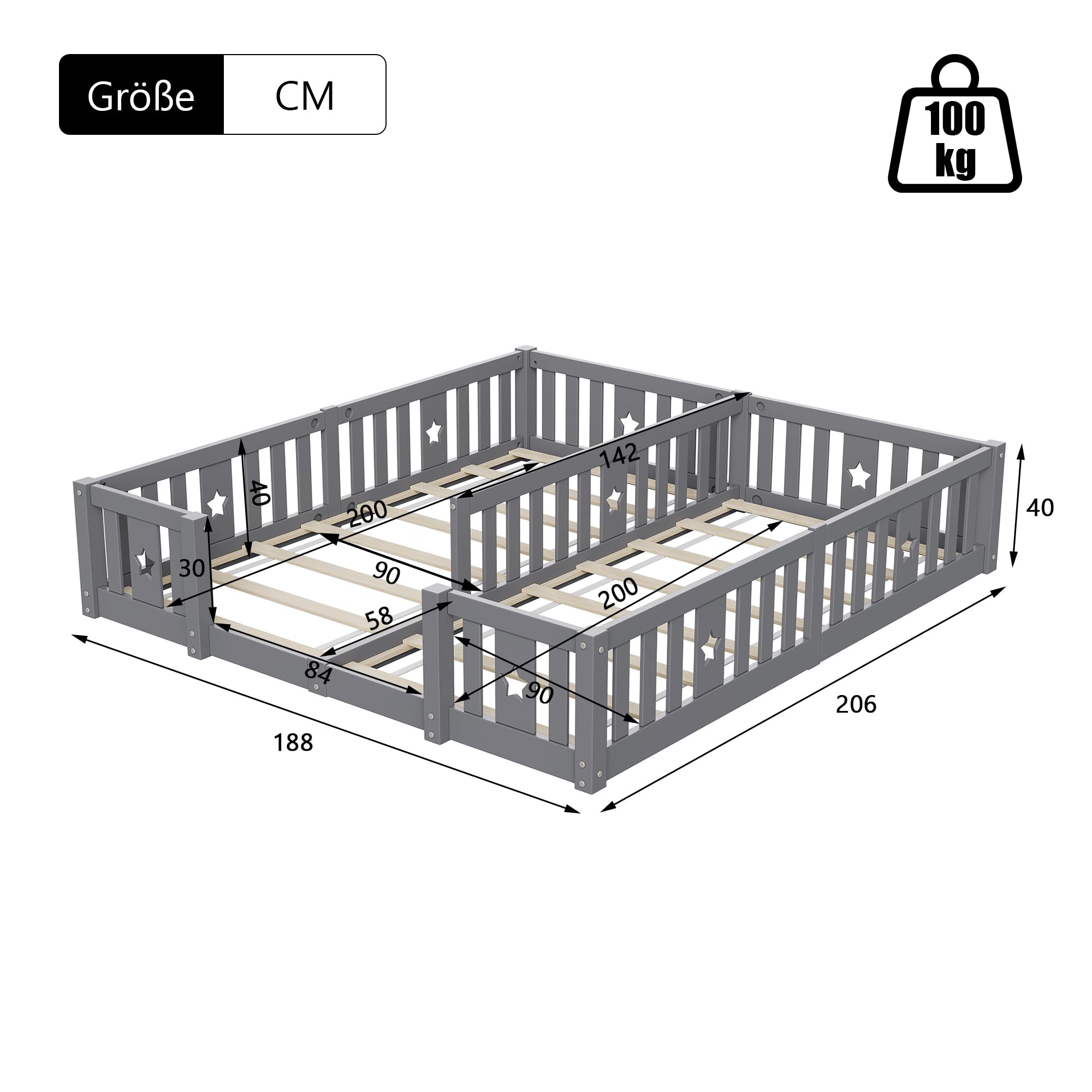 Kinderbett Bodenbett mit Rausfallschutz 180x200, Montessori Kinderbett 180x200 mit Hohem Rausfallschutz & Lattenrost Kinderbetten Holz Modernes Bettgestell Doppelbett für 2 Kinder, Ohne Matratze