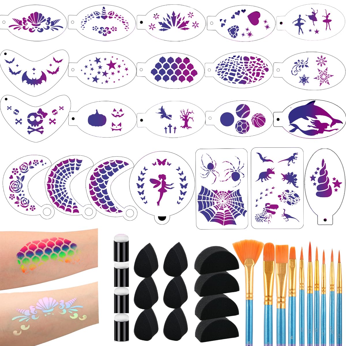 46 pcs Face Paint Stencils Kit,22 Pcs Reusable Facial Painting Stencils Reusable Body Paint Templates with 10 pcs Brushes,14 pcs Sponges for Party