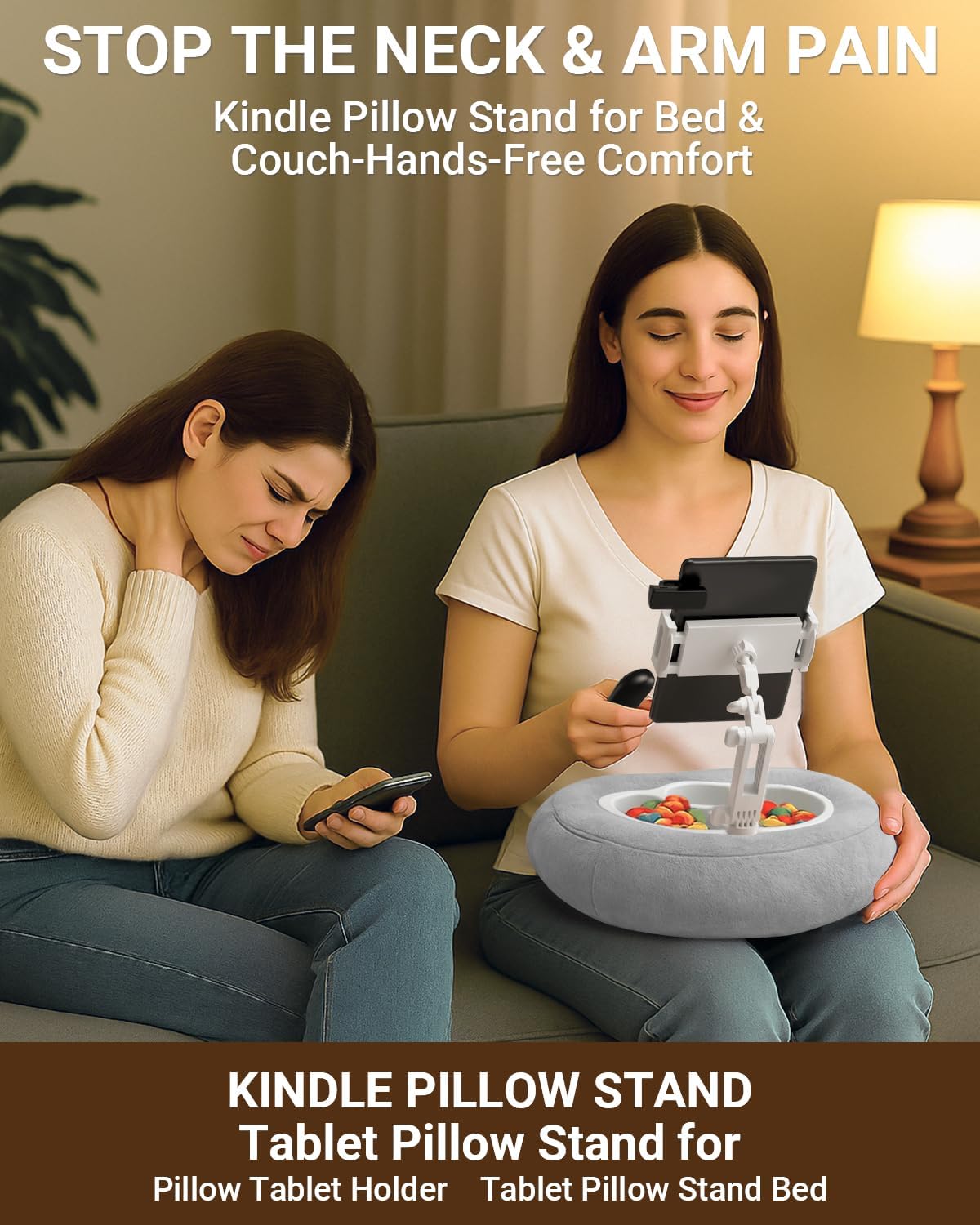 Tablet & Kindle Pillow Stand for Bed, Adjustable iPad Holder for Couch and Lap with 2 Snack Bowls, Cup Holder, 50 Disposable Liners and Washable Cover, Grey