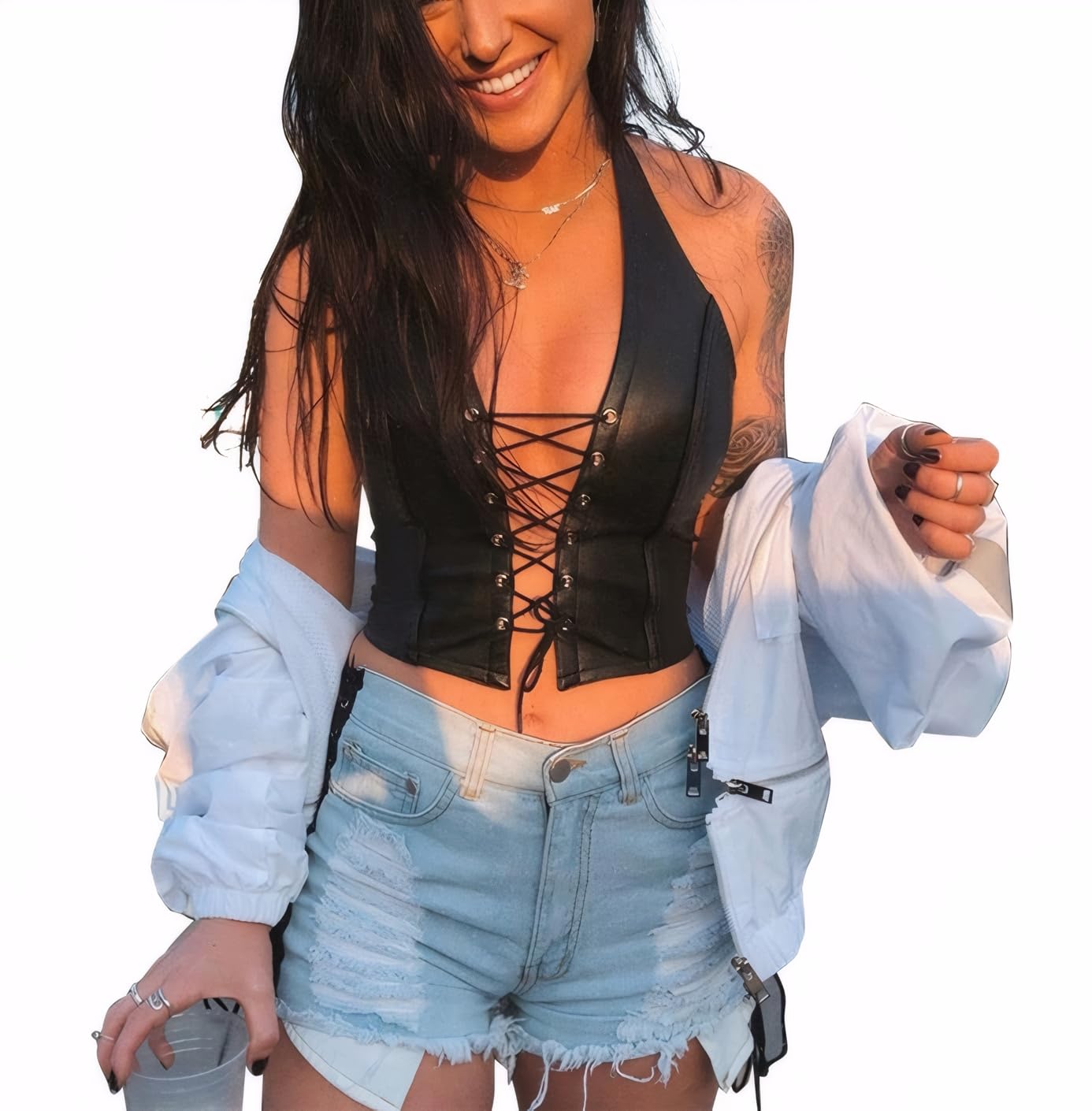 Crop Top Halter for Women Pu Sleeveless V Neck Bodycon Tank Top Bustier Lace Up Front Workout Corset Hippie Clothers