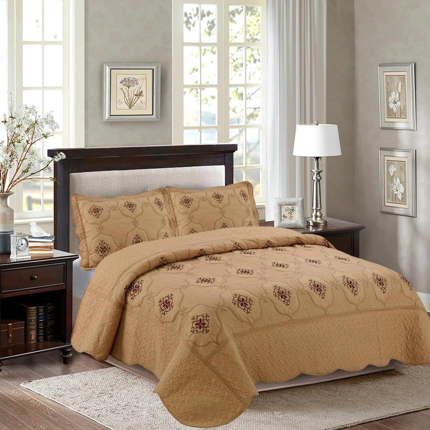 MarCielo 3-Piece Embroidery Quilt Set Lightweight Bedspread Set Coverlet Set Emma (Gold, Queen (106