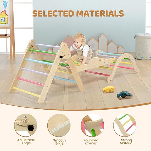 Miniatura 5 de JOYMOR Juego de triángulos Pikler 9 en 1 con cojín (grande), juego de escalada de madera Montessori para niños pequeños con patrones coloridos