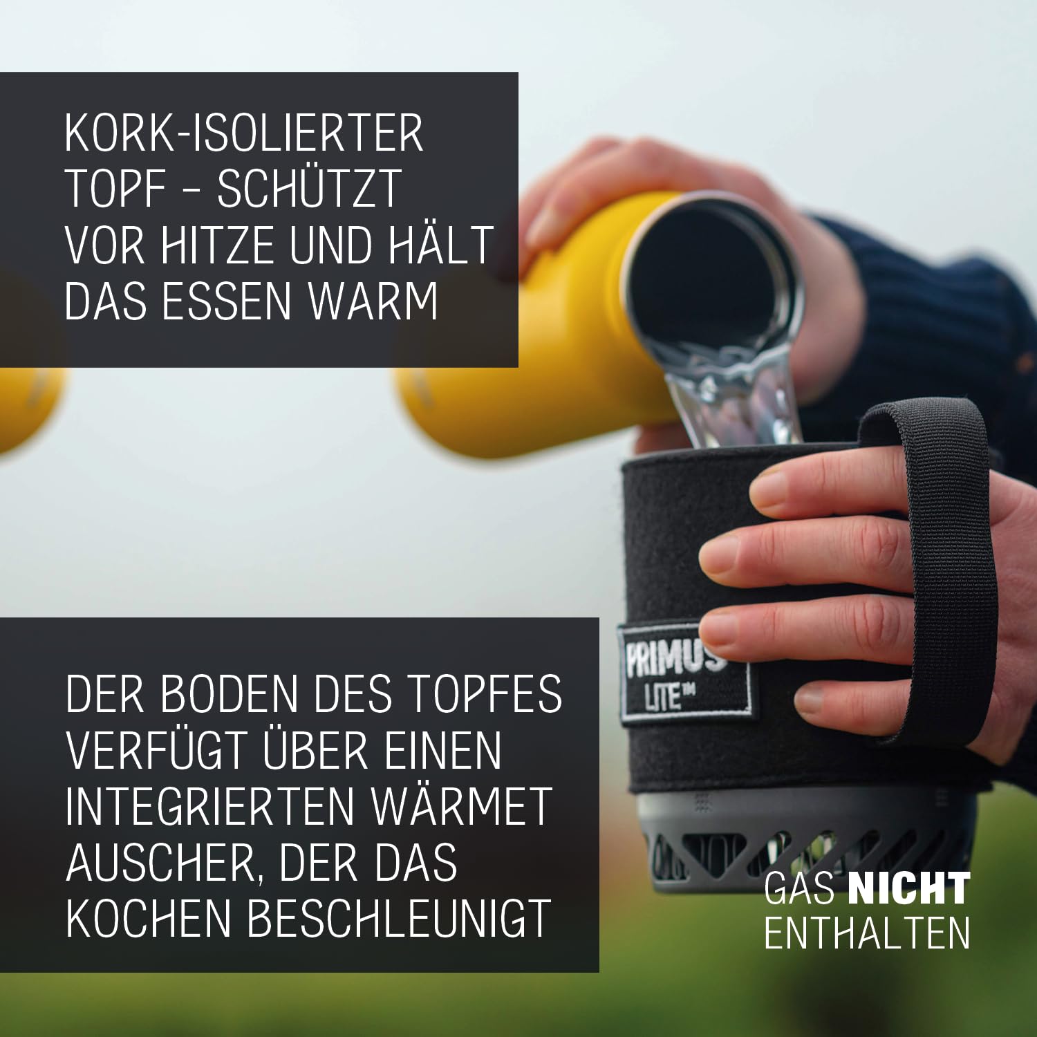 Primus Camping Gaskocher Outdoor - 10x15 cm - 0,5L - 350g - 1500W Flamme - Aluminiumtopf mit isolierterTopfschutzhülle - Primus Outdoor Gaskocher mit Windschutz und integriertem Wärmetauscher