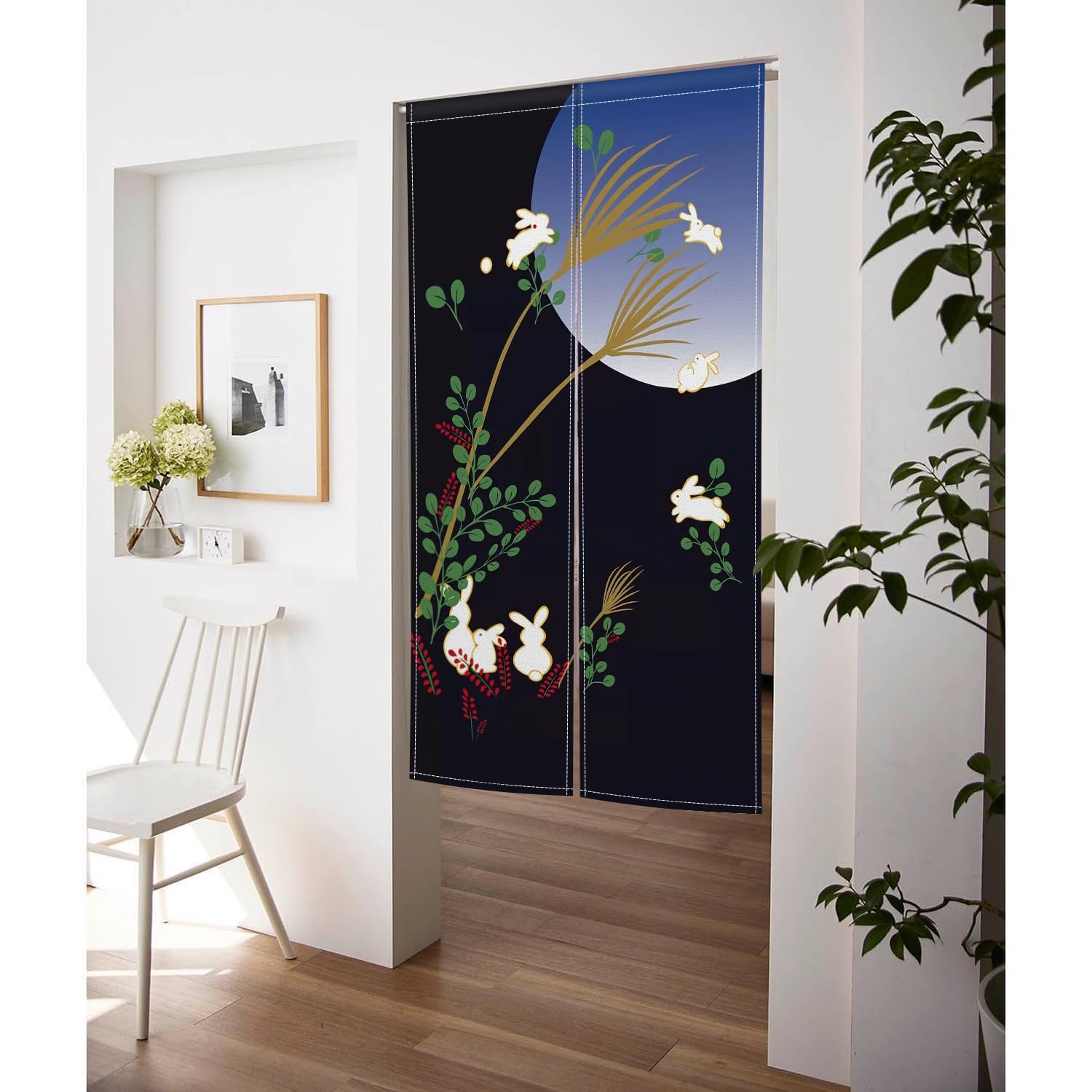 Amazon｜Qinunipoto 暖簾 可愛い 兎 十五夜 中秋節 月 のれん シンプル