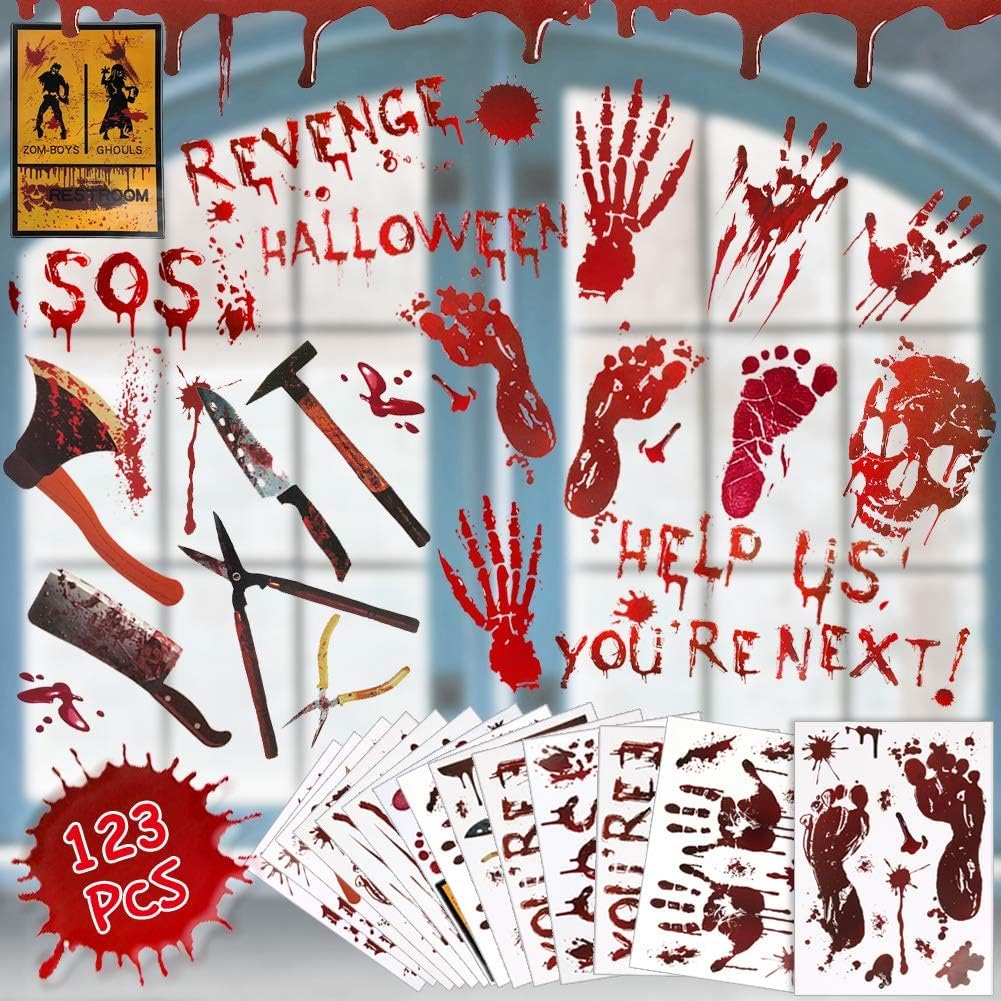 123 PCS Halloween Decorations Stickers Window Wall Floor Clings Bloody Handprints Footprints Decals Halloween Vampire Zombie Party Decorations Supplies