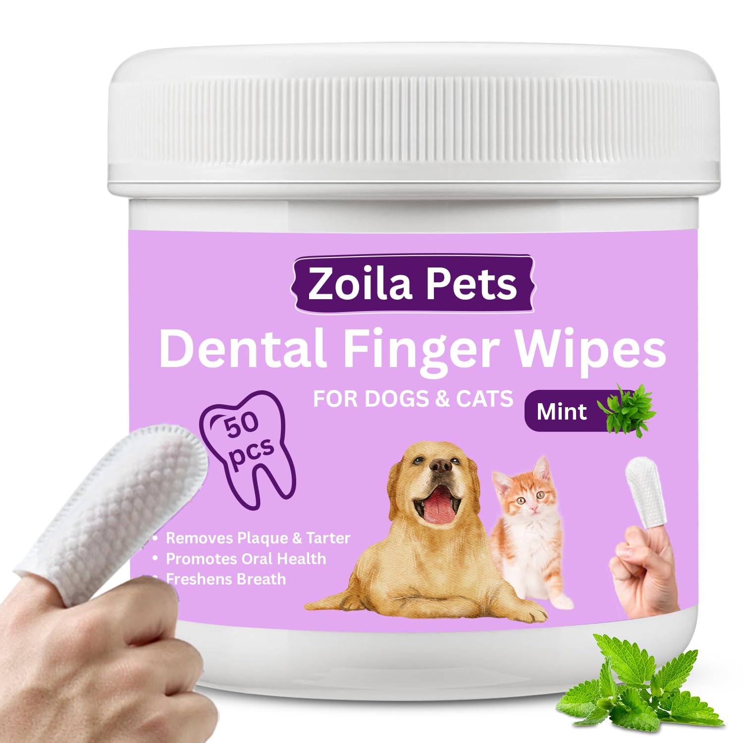 Dental Wipes Mint Scented – Best Dog Teeth Cleaning, Dog Dental Wipes for Dogs Teeth, Finger Toothbrush for Dogs and Cats, Oral Care, Remove Plaque, Tartar & Bad Breath – 50 Count