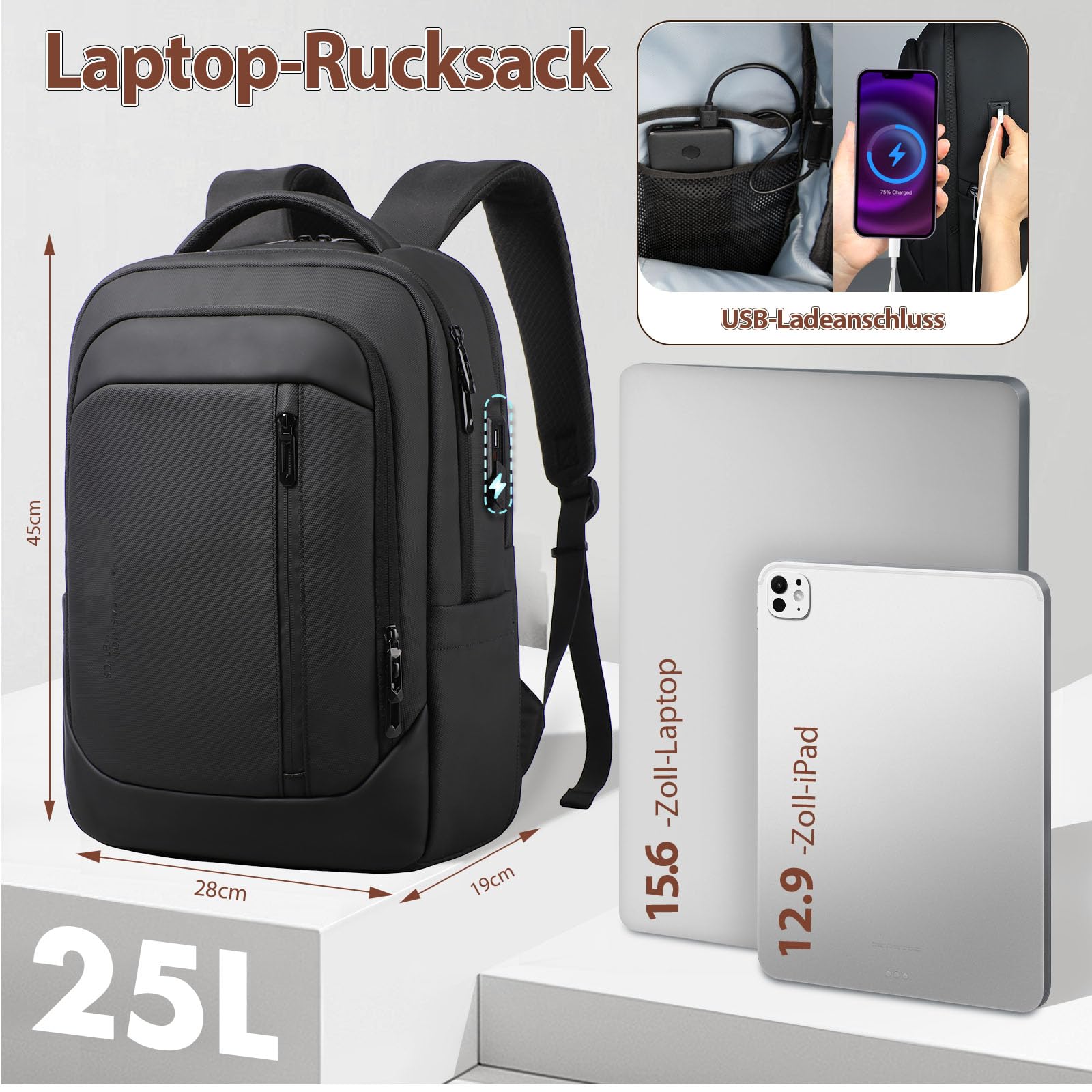 hk Business Laptop Rucksack Herren 15,6 Zoll mit Laptopfach | Wasserabweisender Antidiebstahl Rucksack mit USB-Ladeanschluss, großem Stauraum für Pendeln, Büro, Reisen und Geschäft