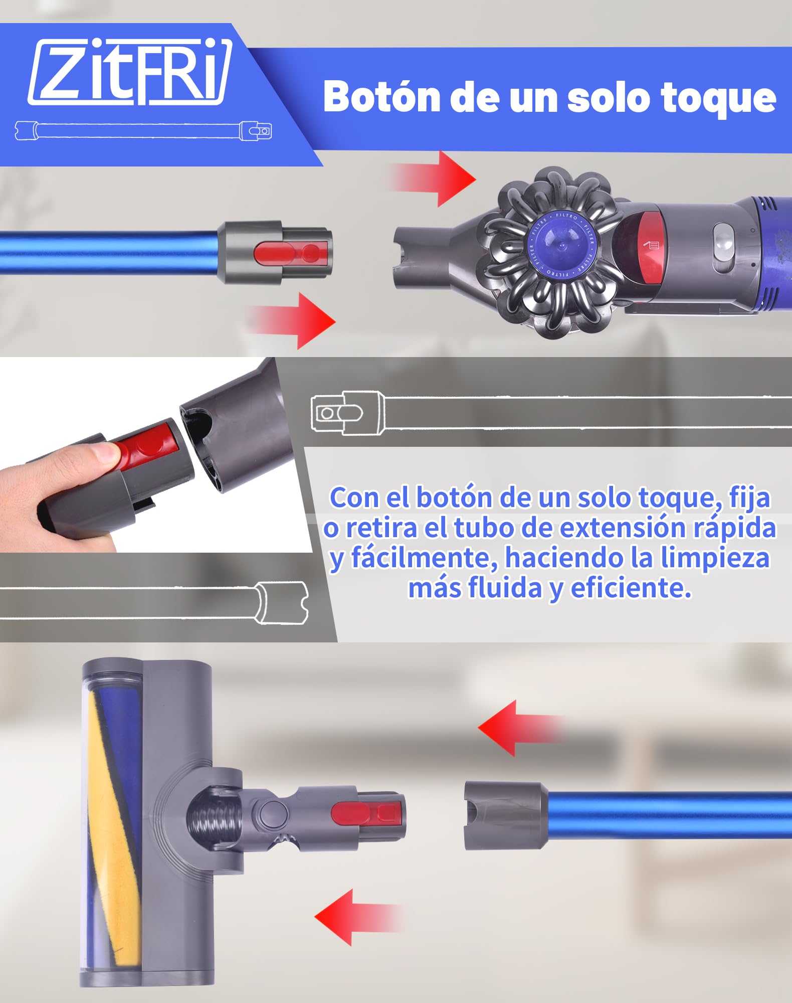 Tubo de Extensión Rígido Compatible con Dyson V11 V15 V10 V8 V7, Varilla de Aluminio con Conexión de Liberación Rápida, 72 cm - Azul