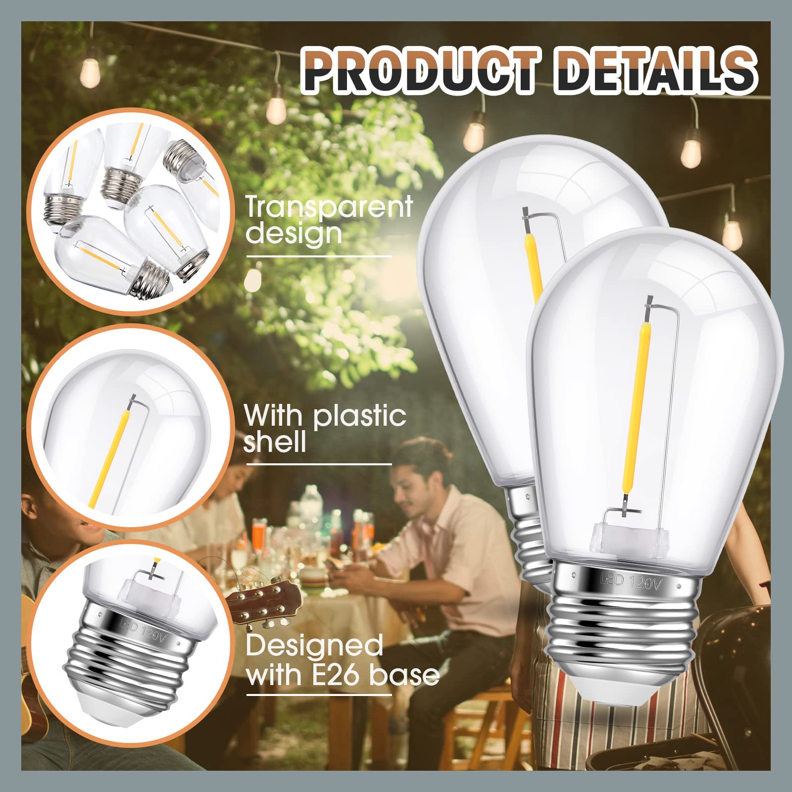 S14 LED Replacement Light Bulbs Shatterproof Waterproof String Light Replacement Bulb 1w Outdoor LED Bulb Vintage Patio Light Bulb E26 Base 110v Plastic LED Filament Clear Bulb (Warm White, 50 Pcs)