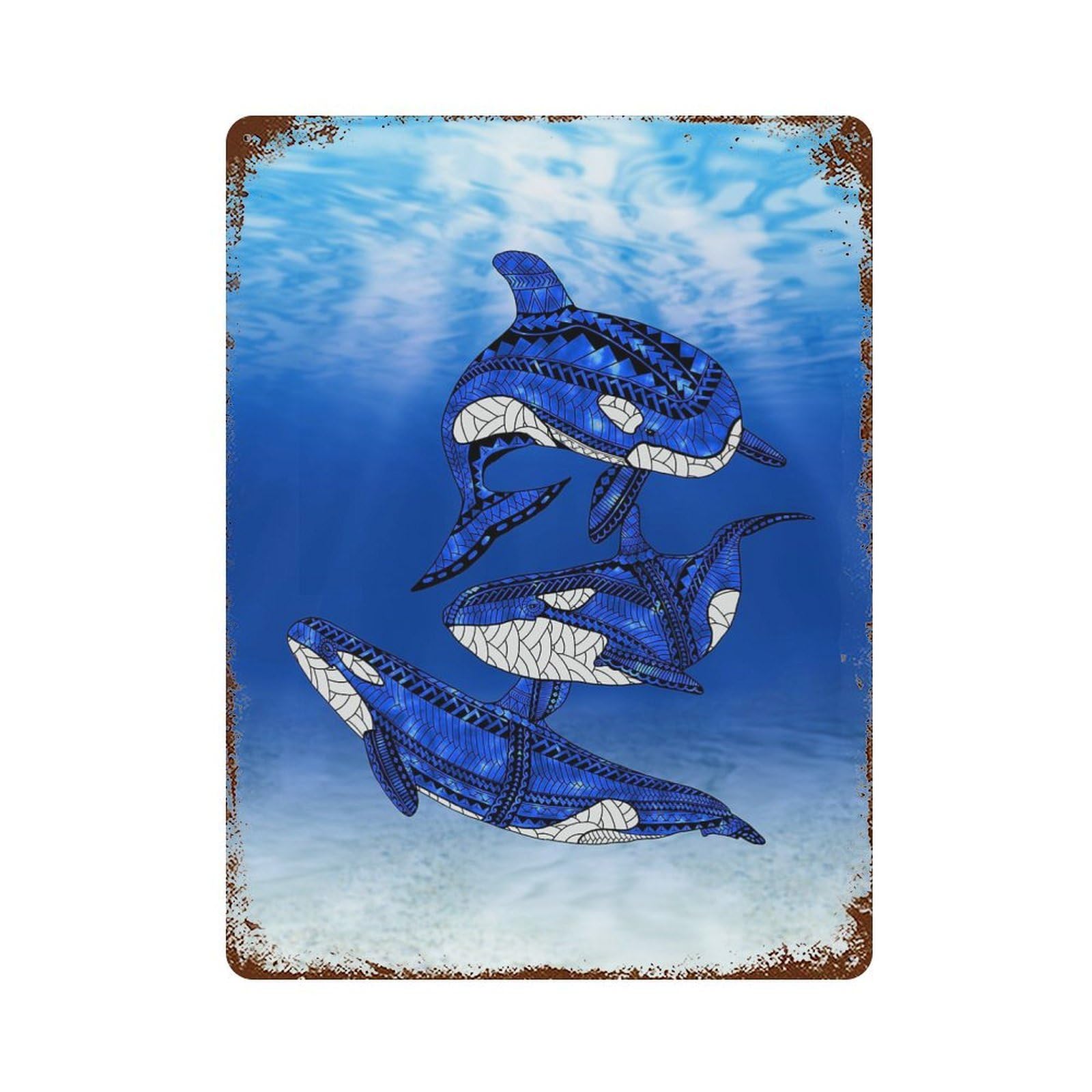 Tribal Orca Killer Whales Weathered Tin Sign 15.7"x11.8", Classic Wall Plaque for Patio, Garden Room And Bar Decor