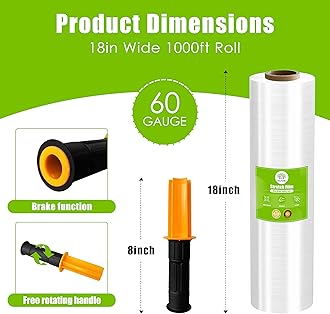 Cosy Family Plastic Wrap Stretch Film Roll - 1000ft 60 Gauge Industrial Strength 18 inch Wide Clear Plastic Wrap Roll with Handles for Pallet Wrapping Shipping Moving - Clear, Pack of 1