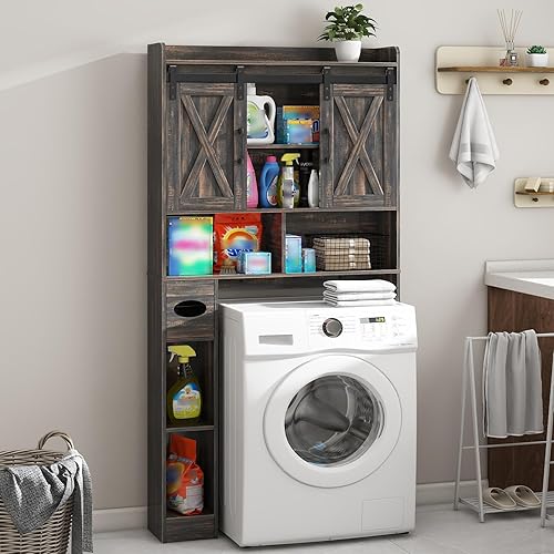 Miniatura 5 de Vabches Armario de almacenamiento sobre el inodoro, armario de almacenamiento de granja sobre inodoro con puerta corredera y soporte de papel