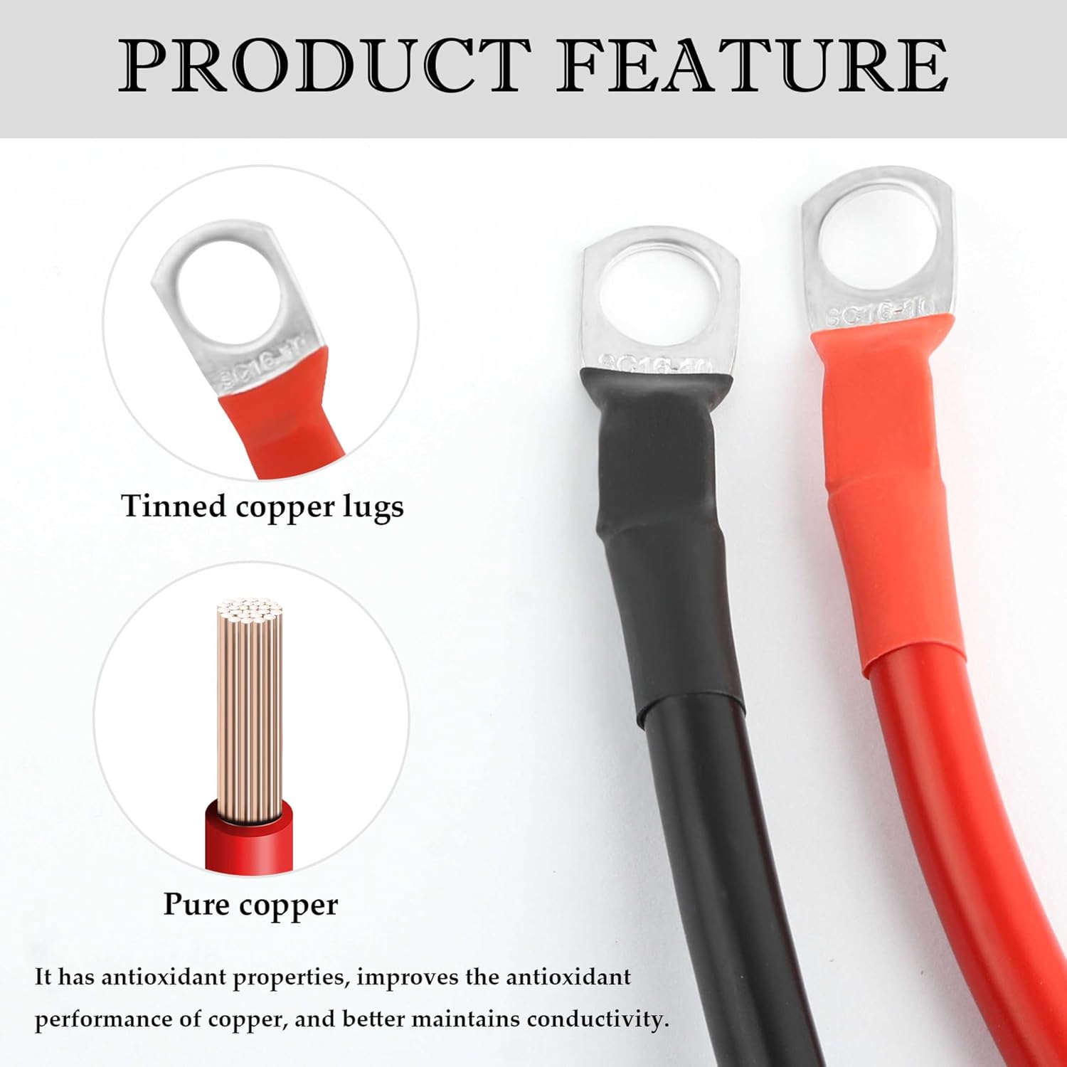 6AWG Battery Cables with Terminals,2PCS Battery Wire Set for Black Red Electricity Supply with 3/8 inch Connector,Universal Car Accessories Inverter Cables Fit Vehicles Marines RVs image 3