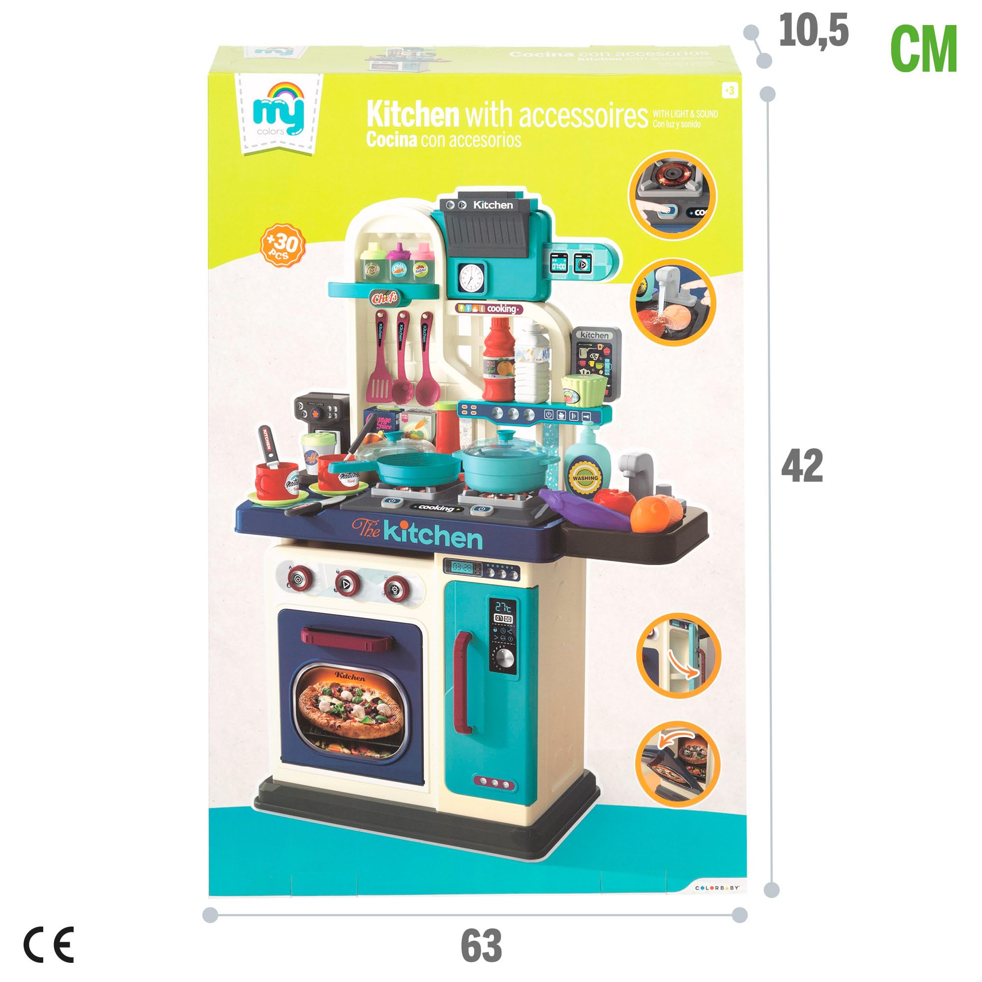ColorBaby 47968 My Home Kuchnia Elektryczna zabawka kuchenna, 53 x 22 x 69 cm, światło i dźwięk, akcesoria kuchenne, jedzenie, piekarnik, zlew, kuchnia dla dzieci, kuchnia dla dzieci, +3