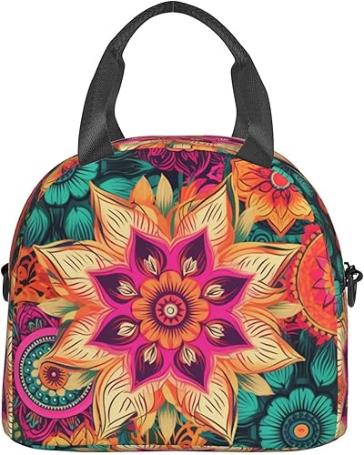 Miniatura 9 de Bolsa de almuerzo con estampado de flores coloridas de mandala bohemio para mujeres y hombres, aislada, impermeable, a prueba de fugas, bolsa de