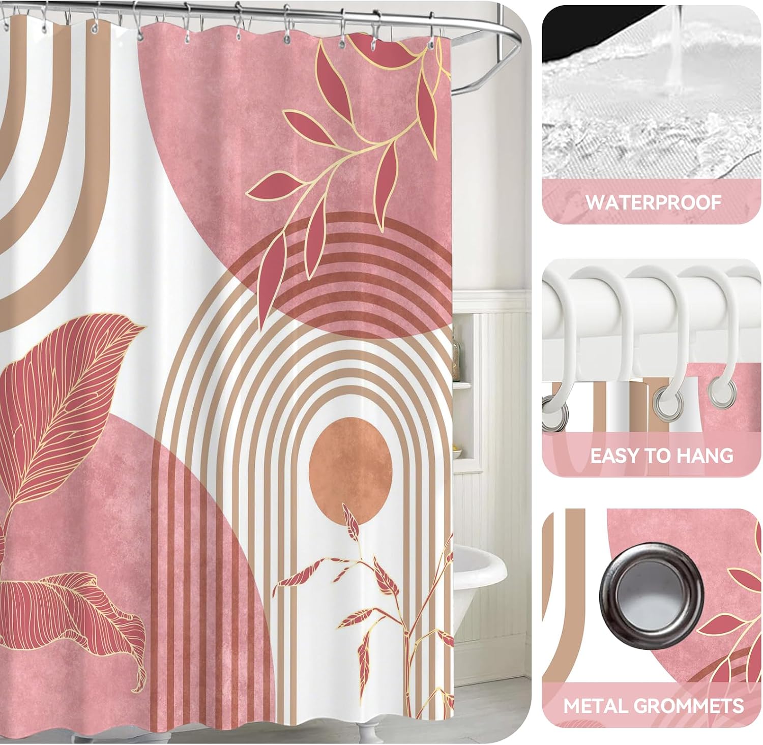 4Pcs Pink Boho Mid Century Shower Curtain Set, Modern Minimalist Abstract Geometric Bathroom Set with Non-Slip Rugs, Bath Mat & Toilet Lid Cover, 12 Hooks Included, 71W x 71L