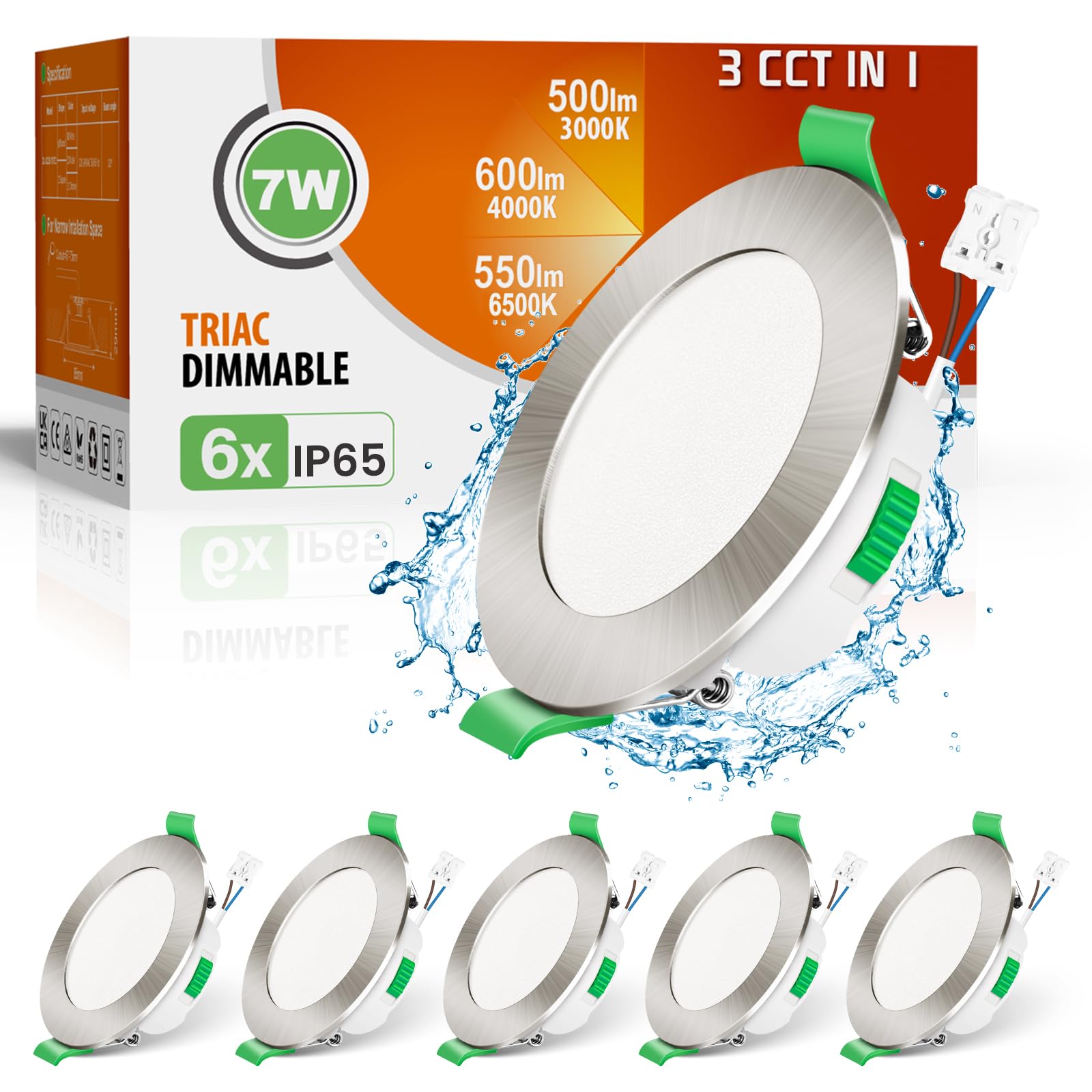 ALUSSO LED Einbaustrahler 230V Dimmbar Flach LED Spots 7W IP65 Deckenspots 68mm Warmweiß Neutralweiß Kaltweiß Einbauleuchten für Badezimmer Küche Wohnzimmer, Nickel Gebürstetes, 6er Set