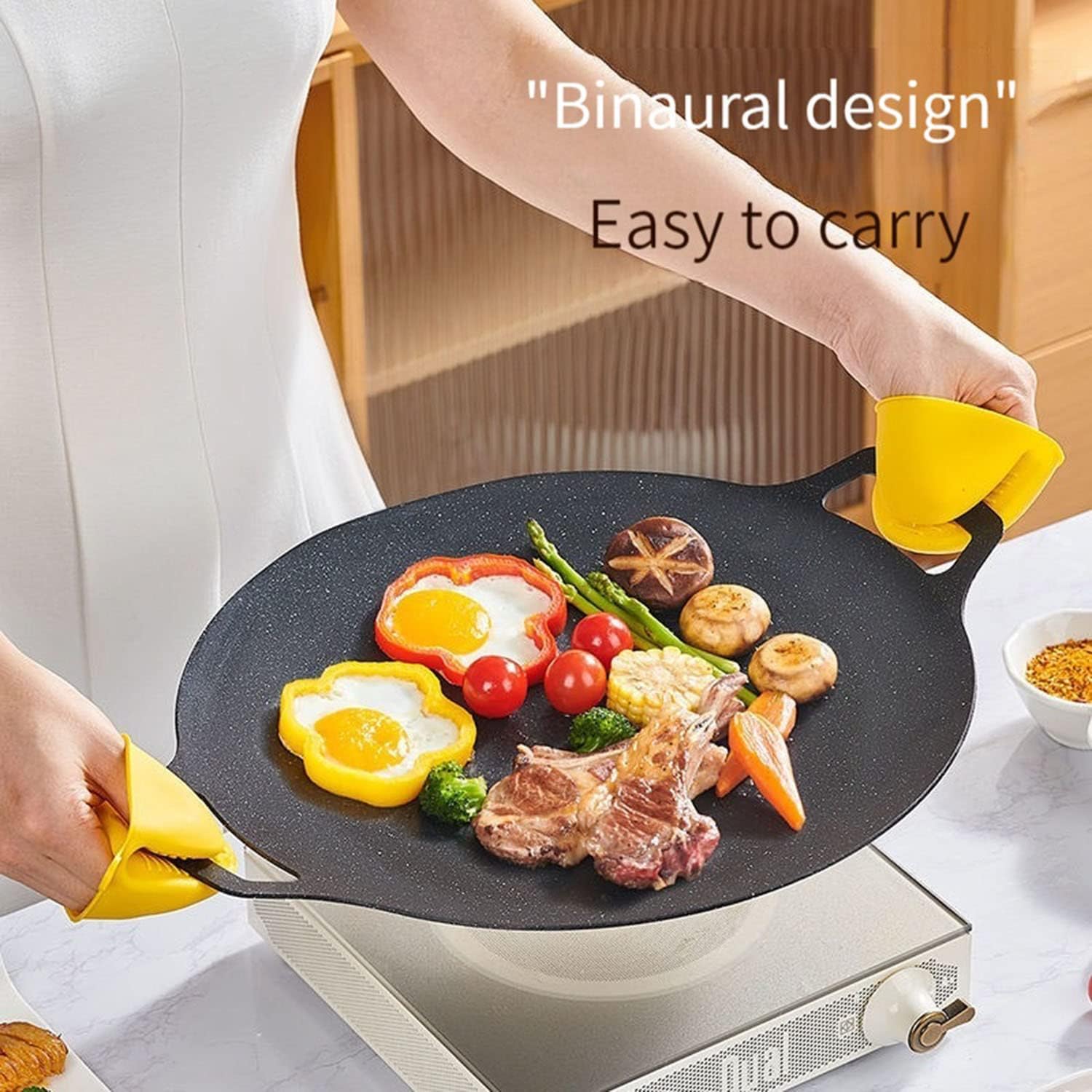 Multi-Function Medical Stone Grill Pan Non-Stick Pan,Non-Stick Coating Frying Pan,Round BBQ Griddle with Handle,Multifunctional Stove Plate for Meats,Pancakes,Ribs (14in)