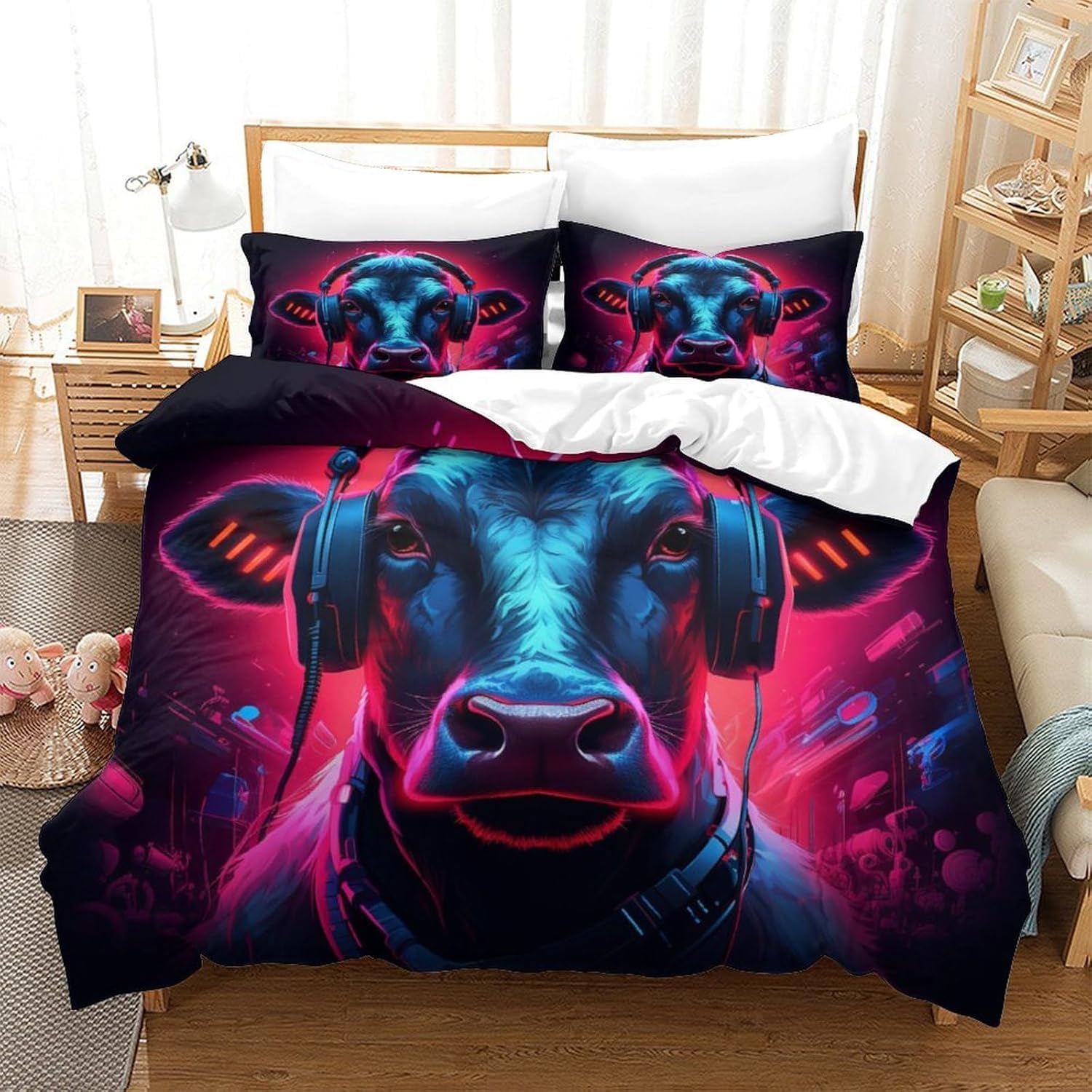 Parure de lit vache imprimé 3D avec housse de couette 200x200 cm et 2 taies d'oreiller