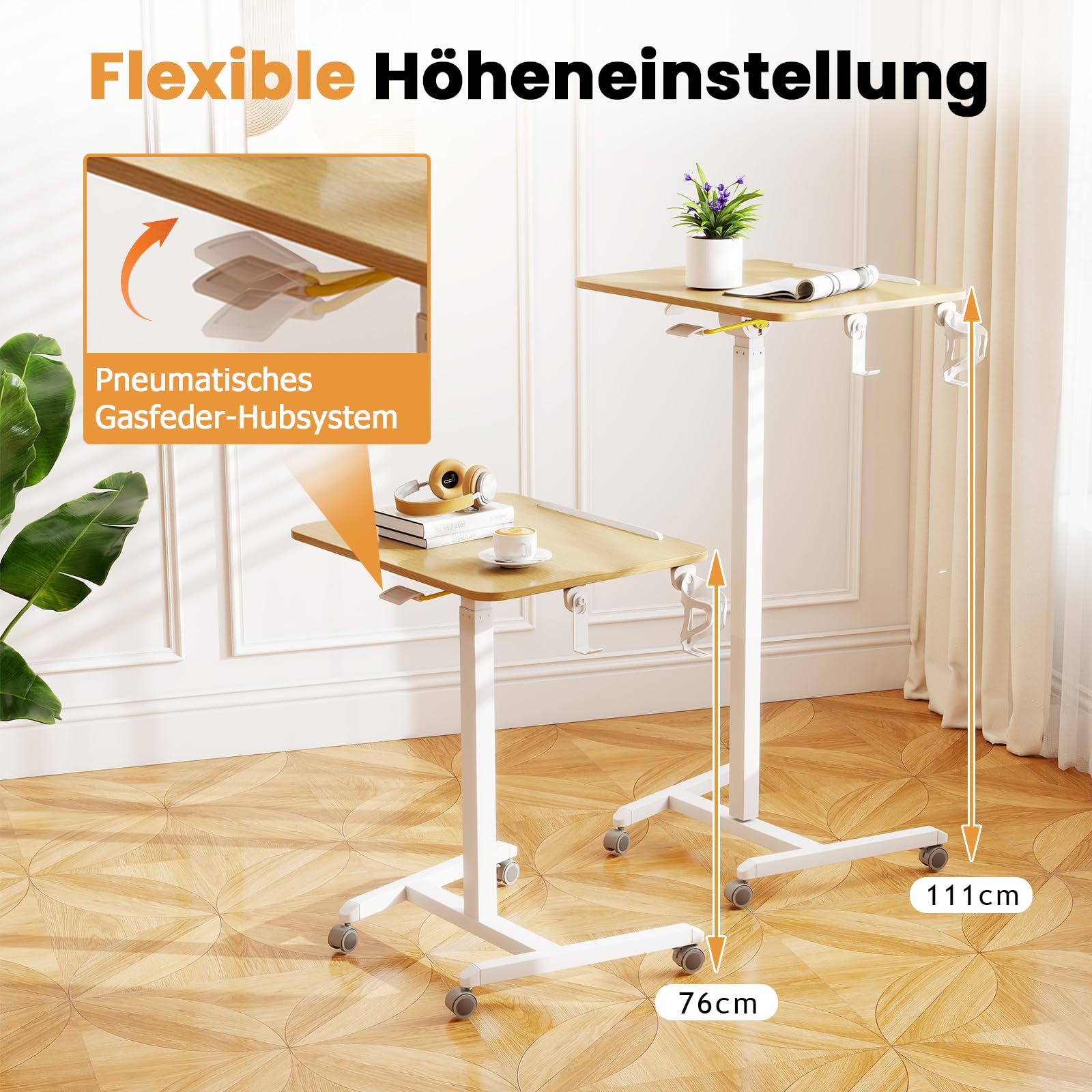 COSTWAY Beistelltisch höhenverstellbar mit Rollen, Stehtisch mit 90° neigbarer Tischplatte, Haken und Becherhalter, Stehpult, Laptoptisch für Wohnzimmer, Schlafzimmer