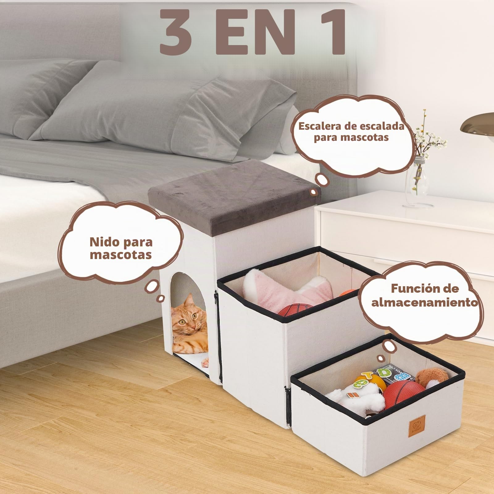 Escalera Plegable para Mascotas, Altura 44 cm, Antideslizante con Almacenamiento, Ideal para Perros Pequeños y Gatos Mayores, Uso para Cama