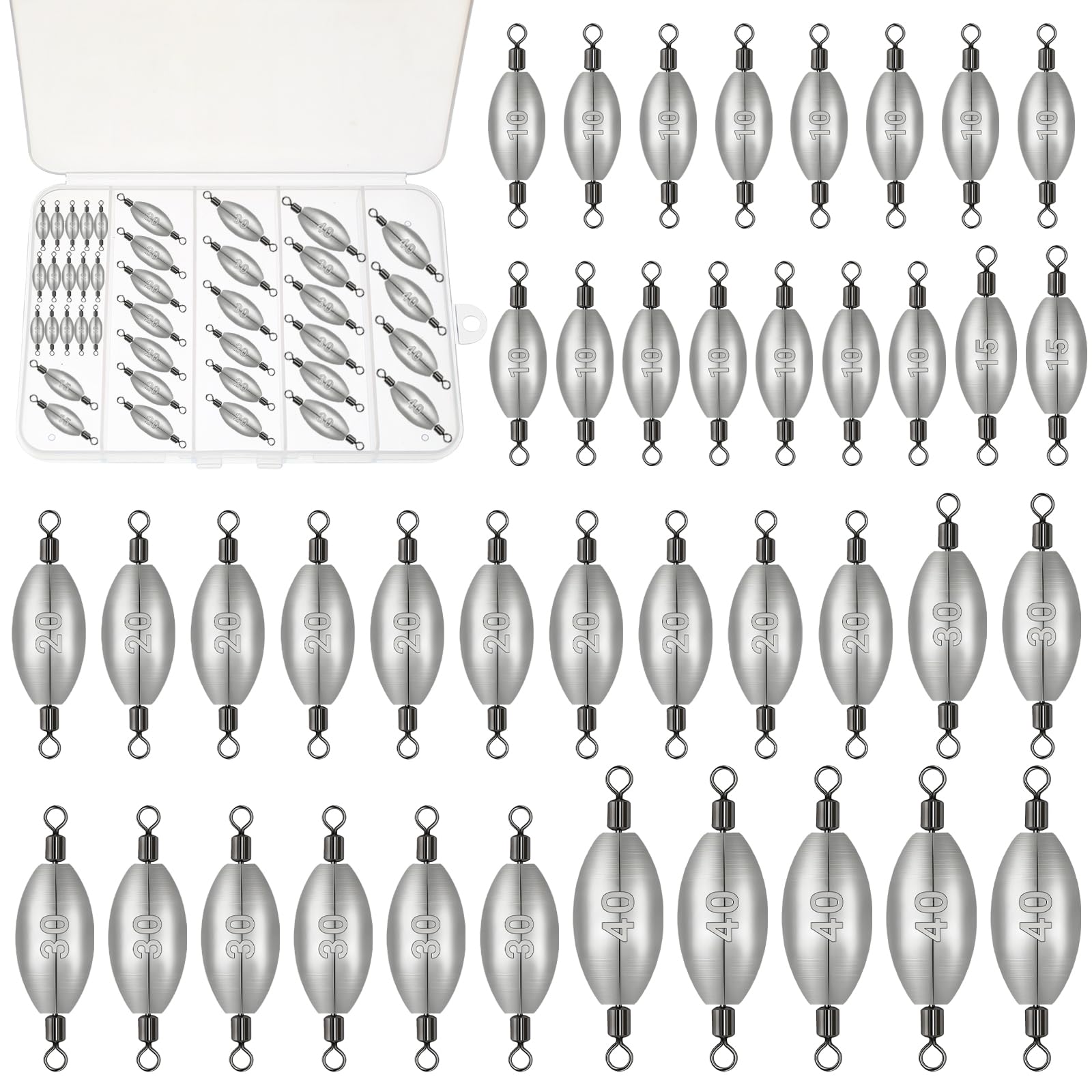 40pcs Fishing Weights Sinkers Set in Storage Box, Inline Trolling Weights with Inner Swivels, Egg Sinkers for Saltwater Freshwater Fishing Tackle