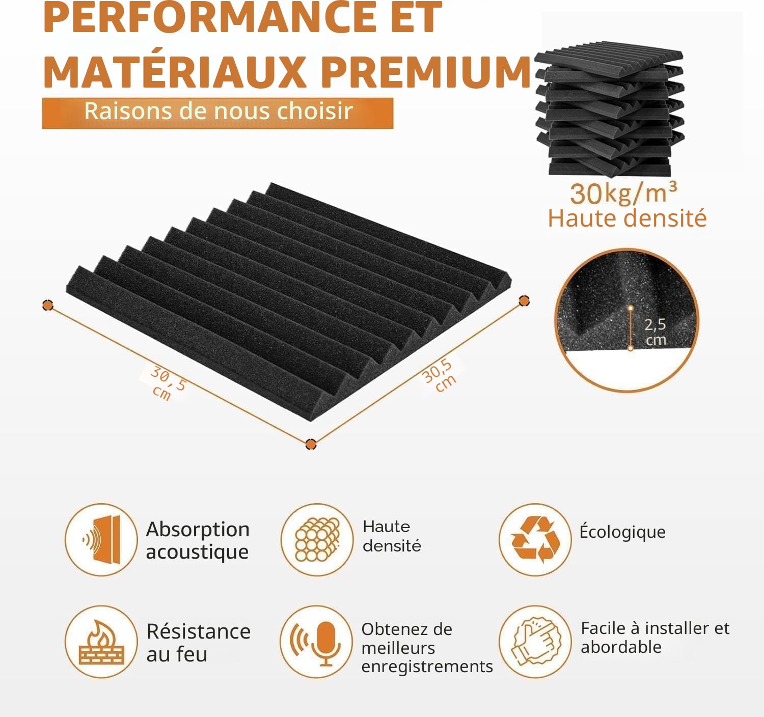 Lot de 48 panneaux acoustiques en mousse acoustique - 30 x 30 x 2,5 cm - Panneaux acoustiques - Panneau d'insonorisation haute densité