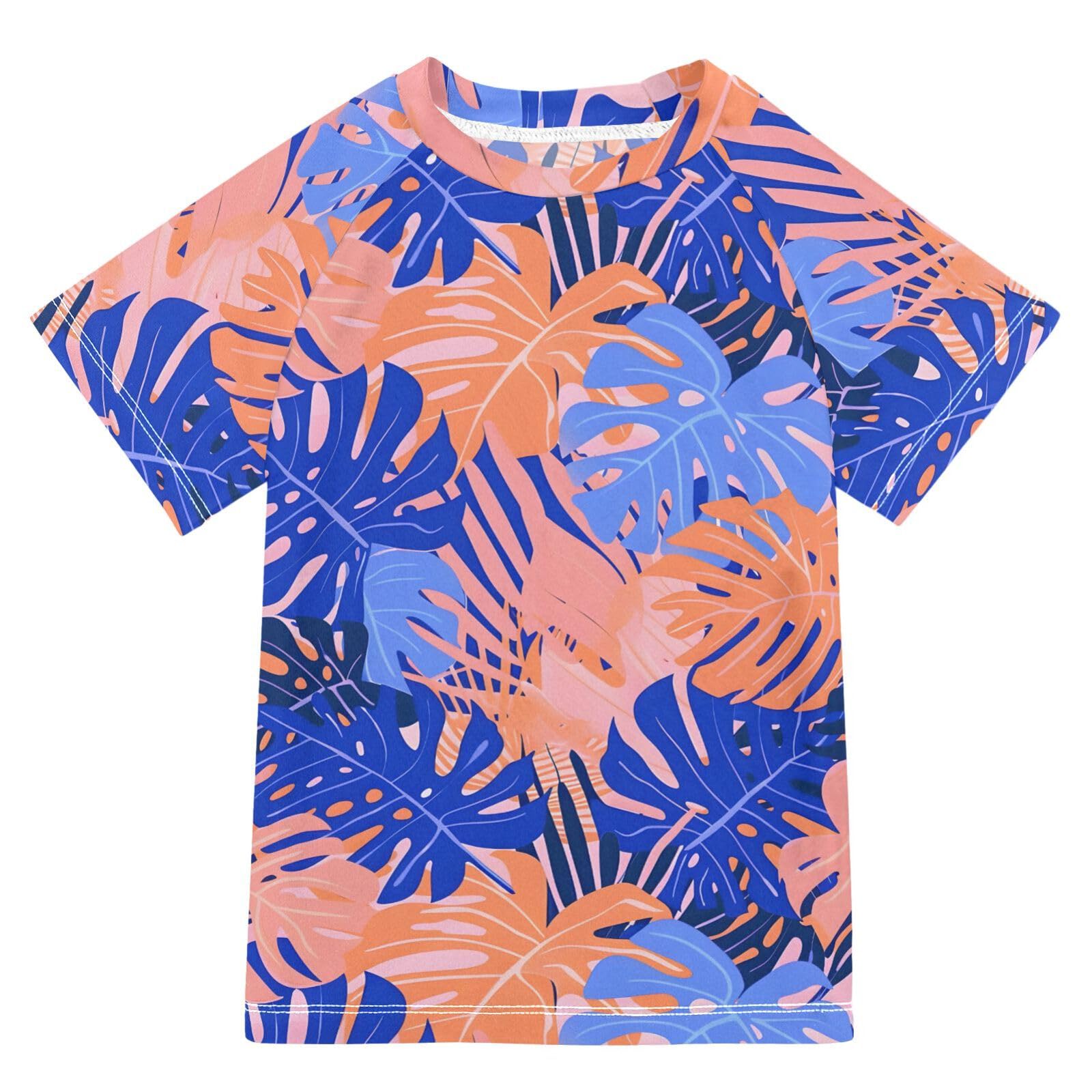 Boys Rash Guard Short Sleeve Swim Shirts for Boys Blue Pink Tropical Leaf Sun Protection 7-8T