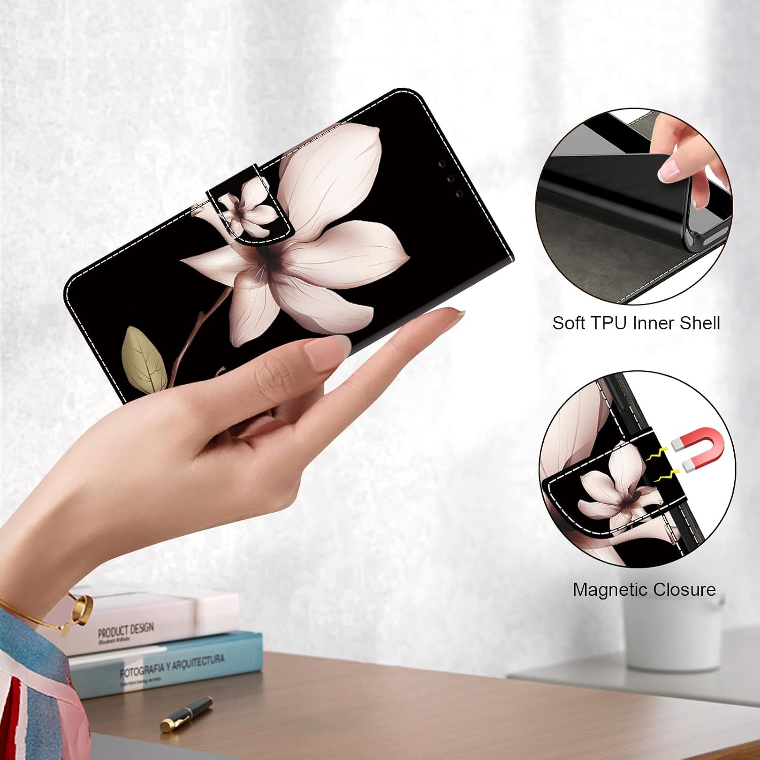 ALILANG for Samsung Galaxy S26 Plus Phone Case with Credit Card Holder, Flip Book Style PU Leather Magnetic Closure Protective Cover for Galaxy S26+ 5G Case -One Flower