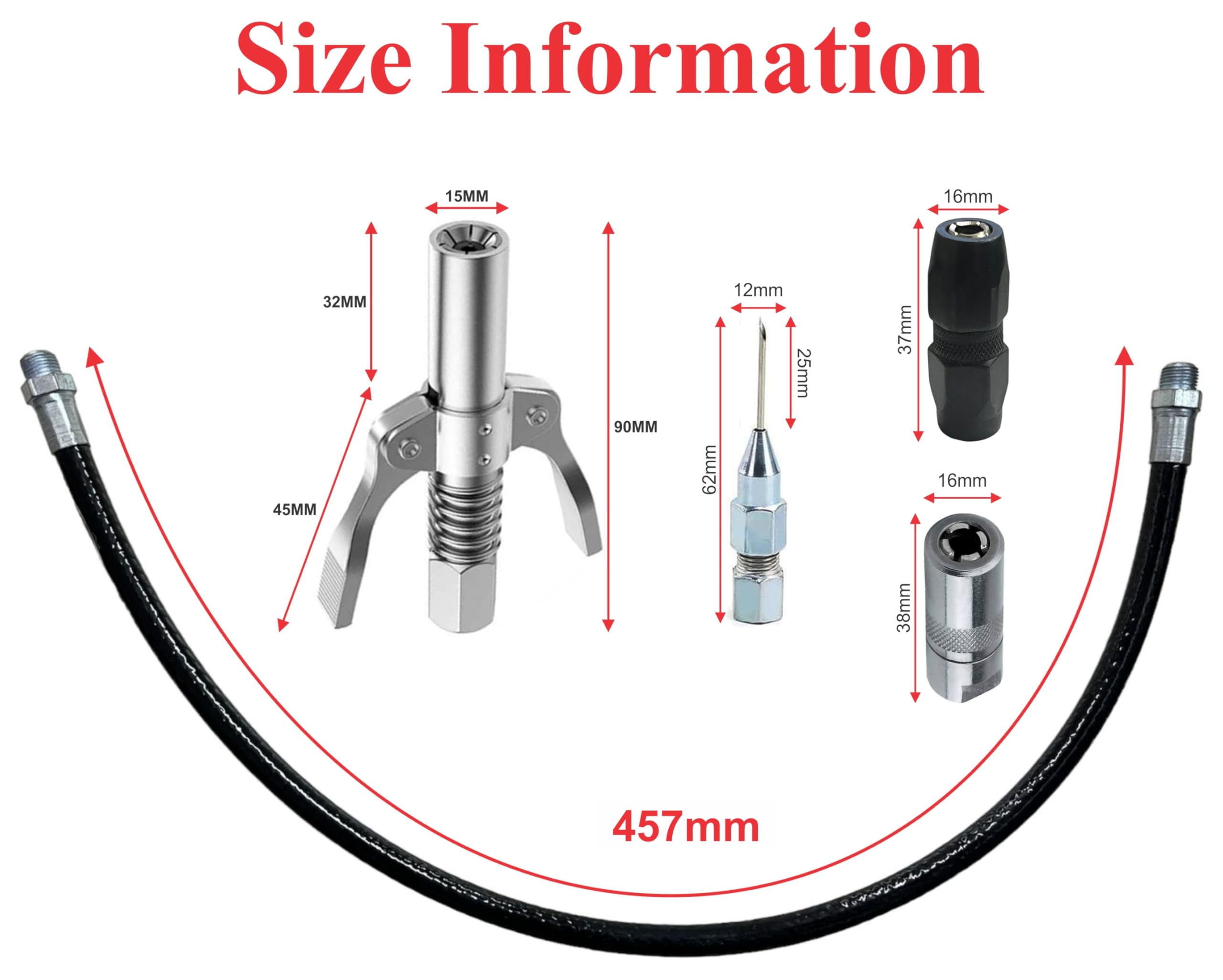 EPITECH MART Double Handle Grease Gun Coupler 10000 PSI With 3Pc Grease Gun Adaptor, 18inch Flexiable Black Hose Pipe 1