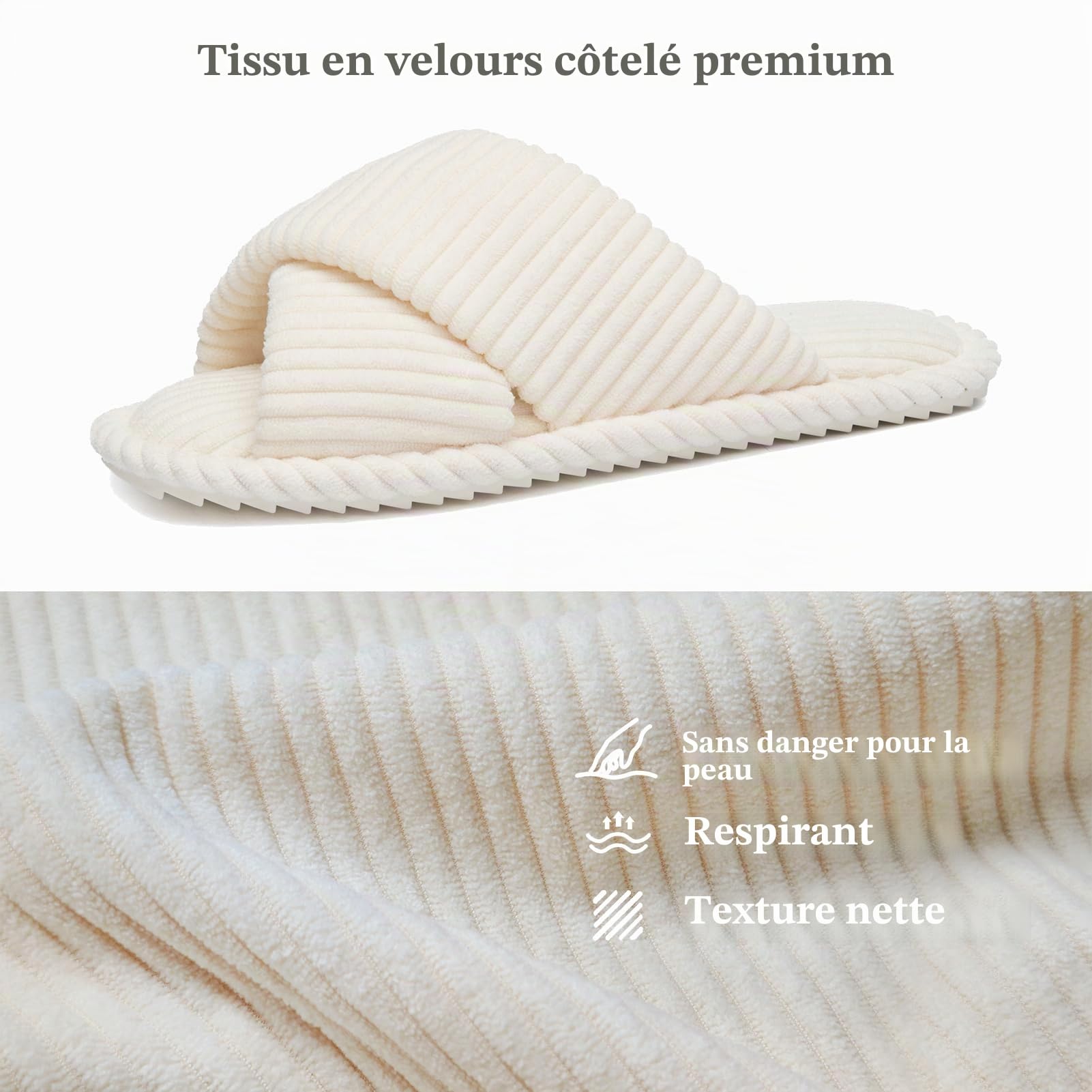 GOEWY Chaussons Femme en Velours Côtelé - Mousse Mémoire, Bout Ouvert Brides Croisées Semelle Antidérapante - Confort Tendance, Idée Cadeau
