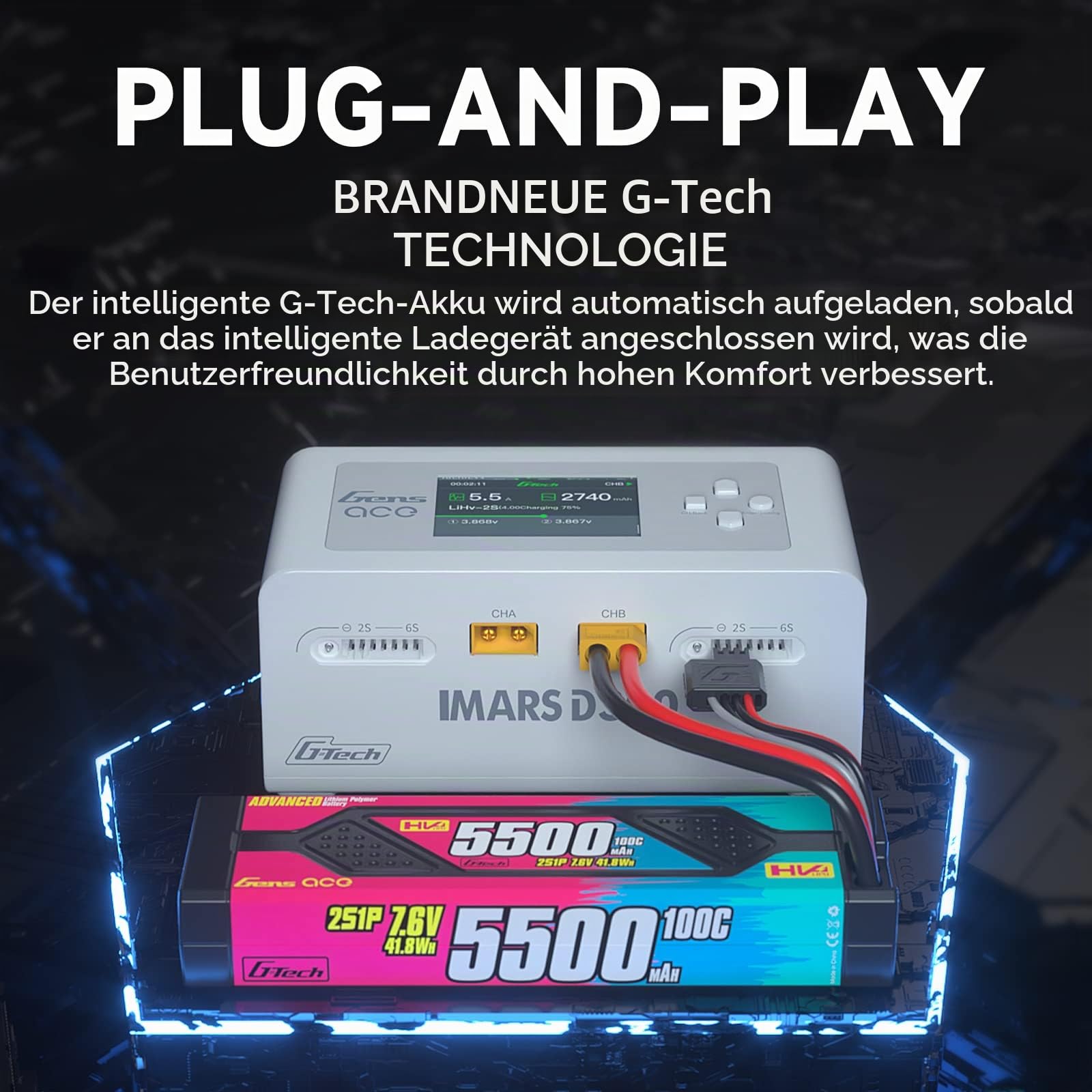 Gens ace Imars D300 Dual-Kanal Ladegerät AC 300W / DC 350Wx2 für RC LiPo/Life/NiMH Batterien, mit Deans, T, XT60, EC3, EC5 Steckern, Balancefunktion