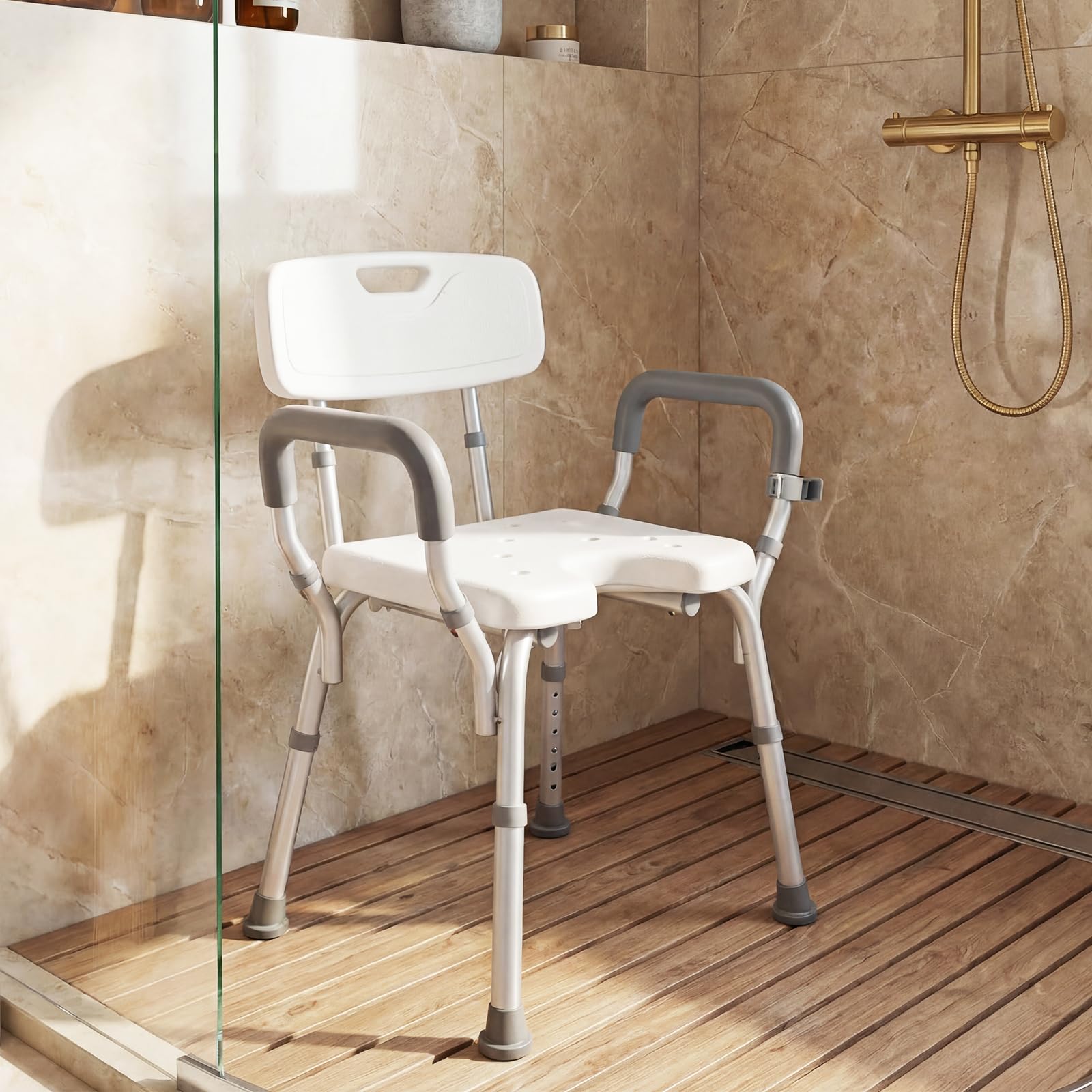 COSTWAY Silla para Ducha para Mayores, Silla de Baño con Altura Ajustable en 6 Niveles, Asiento Antideslizante, Respaldo Curvo y Apoyabrazos Acolchados, Taburete de Ducha con Marco de Aluminio