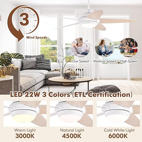 Miniatura 5 de GOFLAME Ventilador de techo de 52 pulgadas con luces, ventilador de techo reversible moderno con 3 velocidades de viento, control remoto,