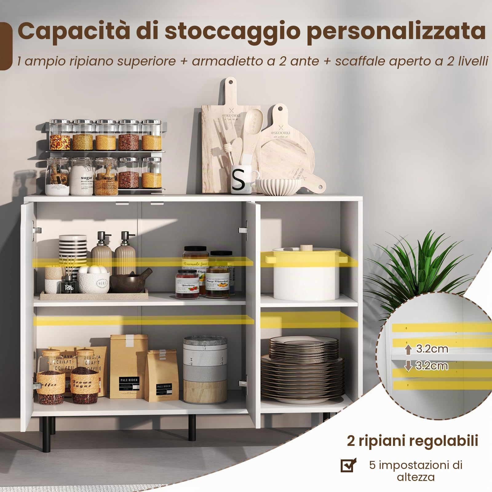 KOMFOTTEU Credenza Cucina Bianca, Armadio Dispensa con Ante, Ripiano Regolabile in 5 Livelli e Dispositivo Anti-Ribaltamento, Mobile Buffet per Soggiorno e Corridoio, 106x38x80cm (L x P x A) (Bianco)
