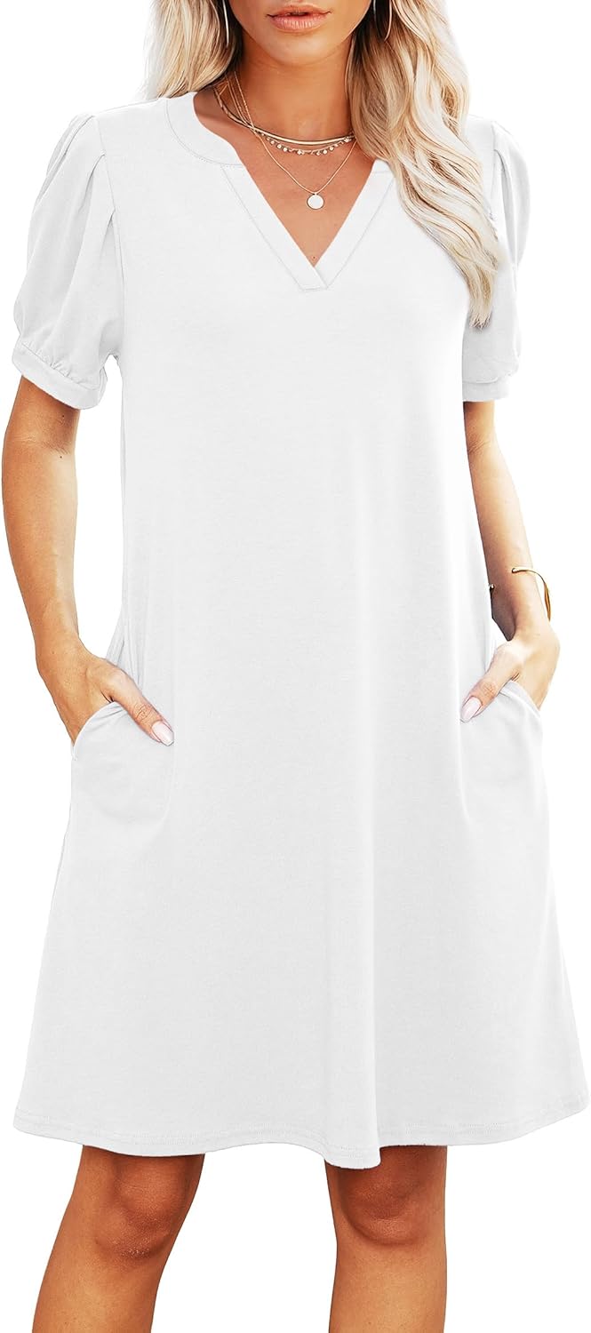 RUMIA V-Neck Summer Casual Sundress for Women- Short Sleeve Swing Beach Dress with Pockets (S-3XL)