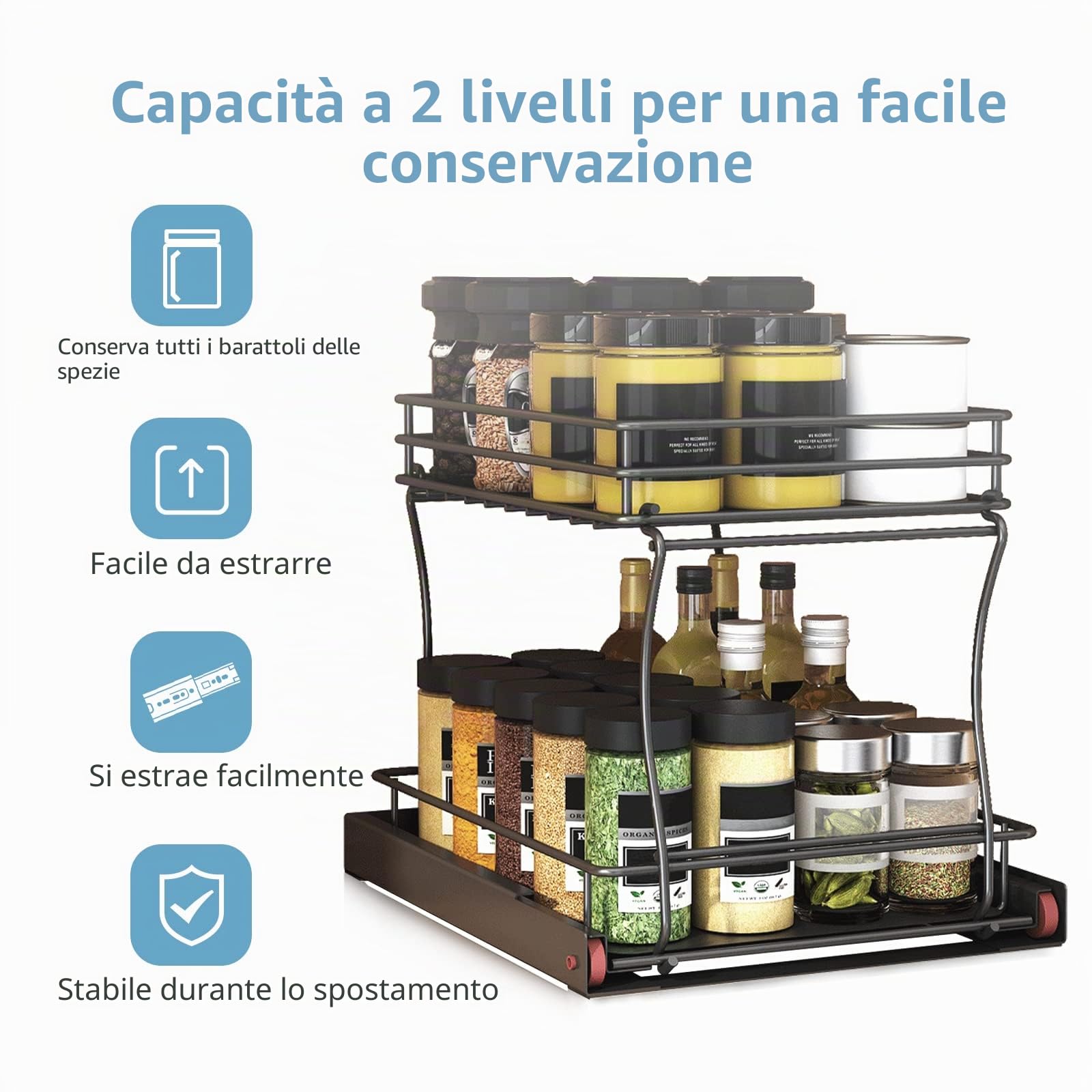 Portaspezie per Organizer， Porta Spezie per Cucina Estraibile 2 Livelli, Organizer Sottolavello Cucina, Organizzatore Porta Spezie per Riporre Barattoli e Spezie,Metallo/nero